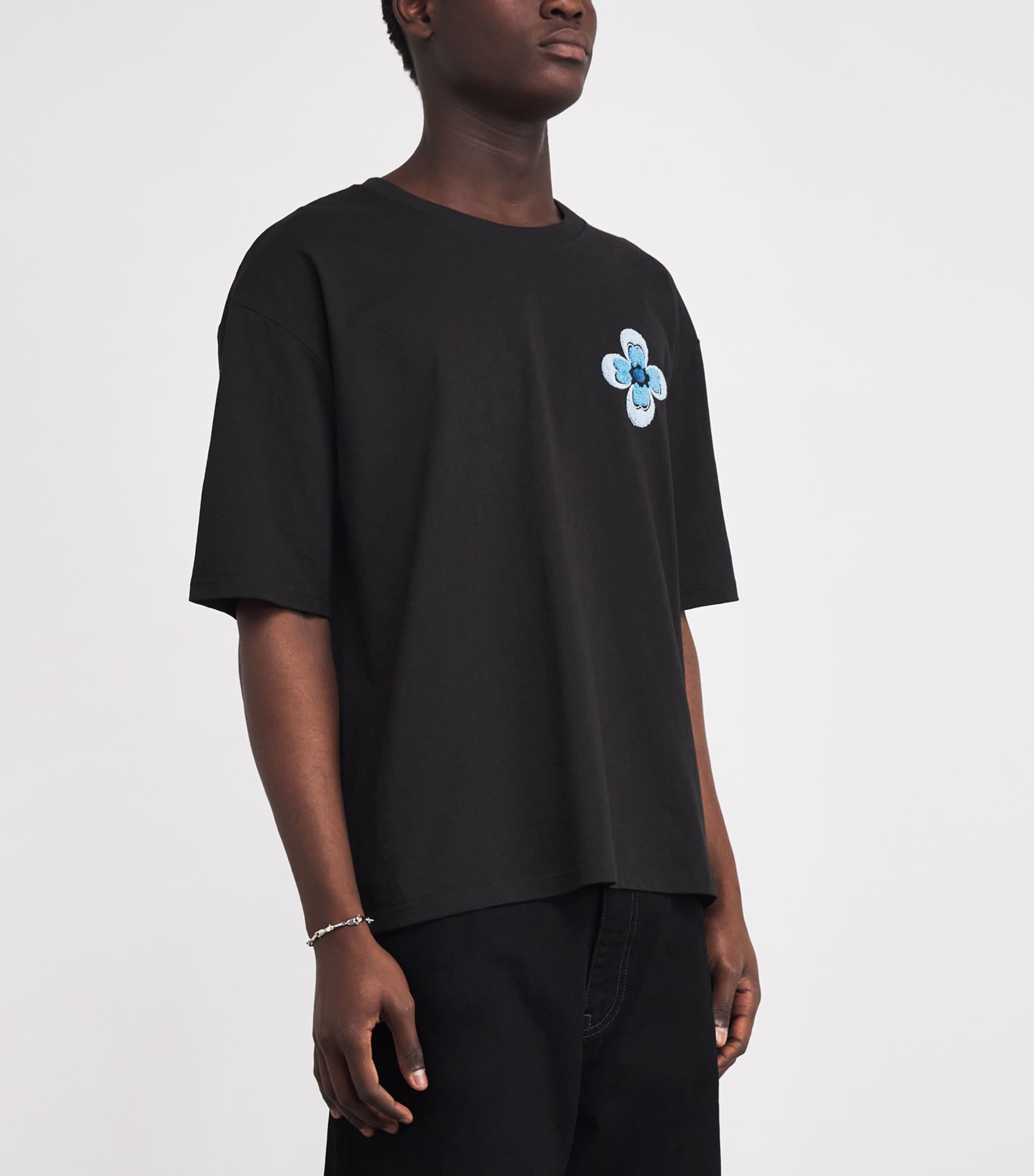 Cotton Floral Embroidered T-Shirt BLACK Image 3