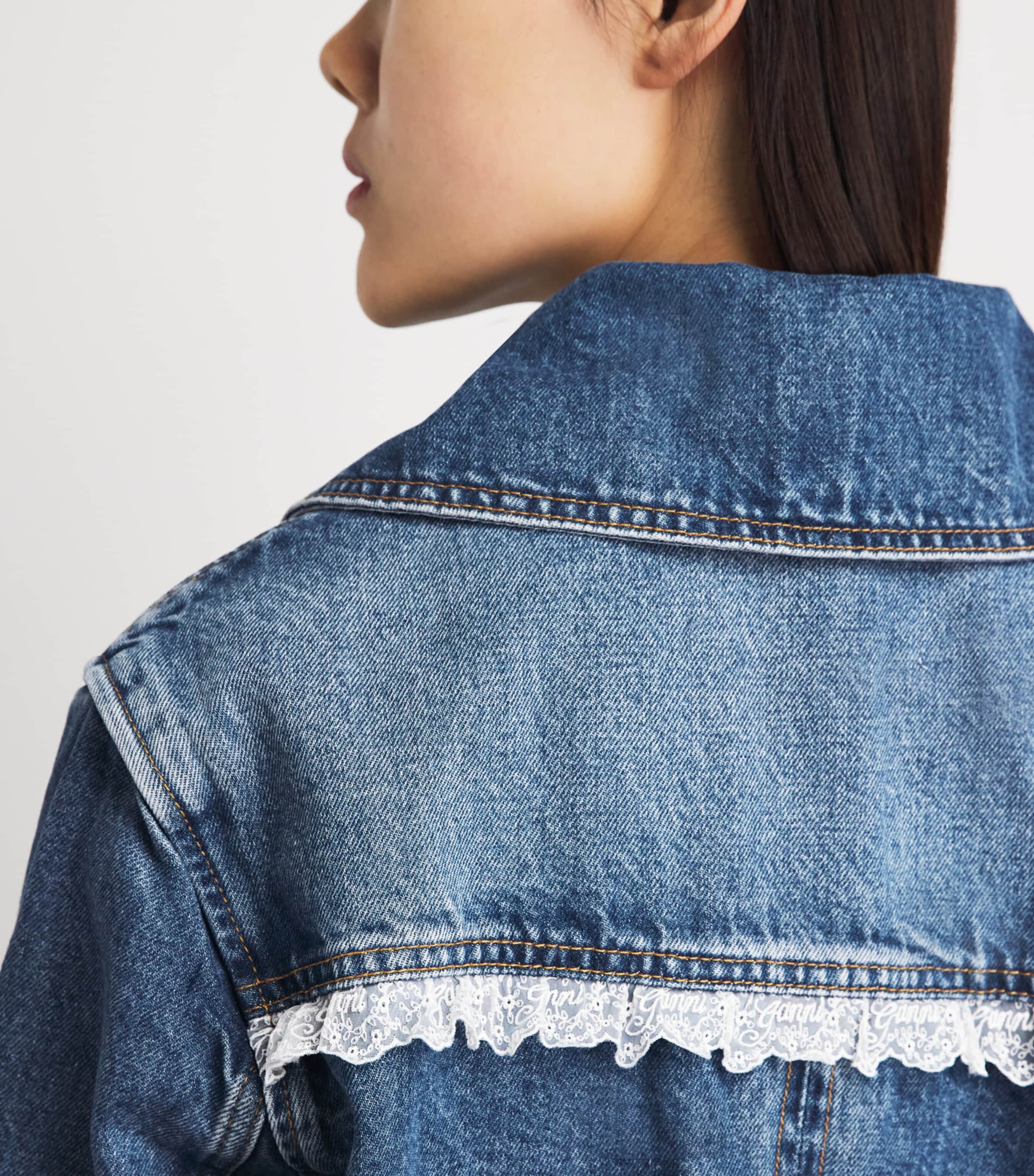 GANNI Womens Lace-Trim Denim Jacket Bl Vntg Image 3