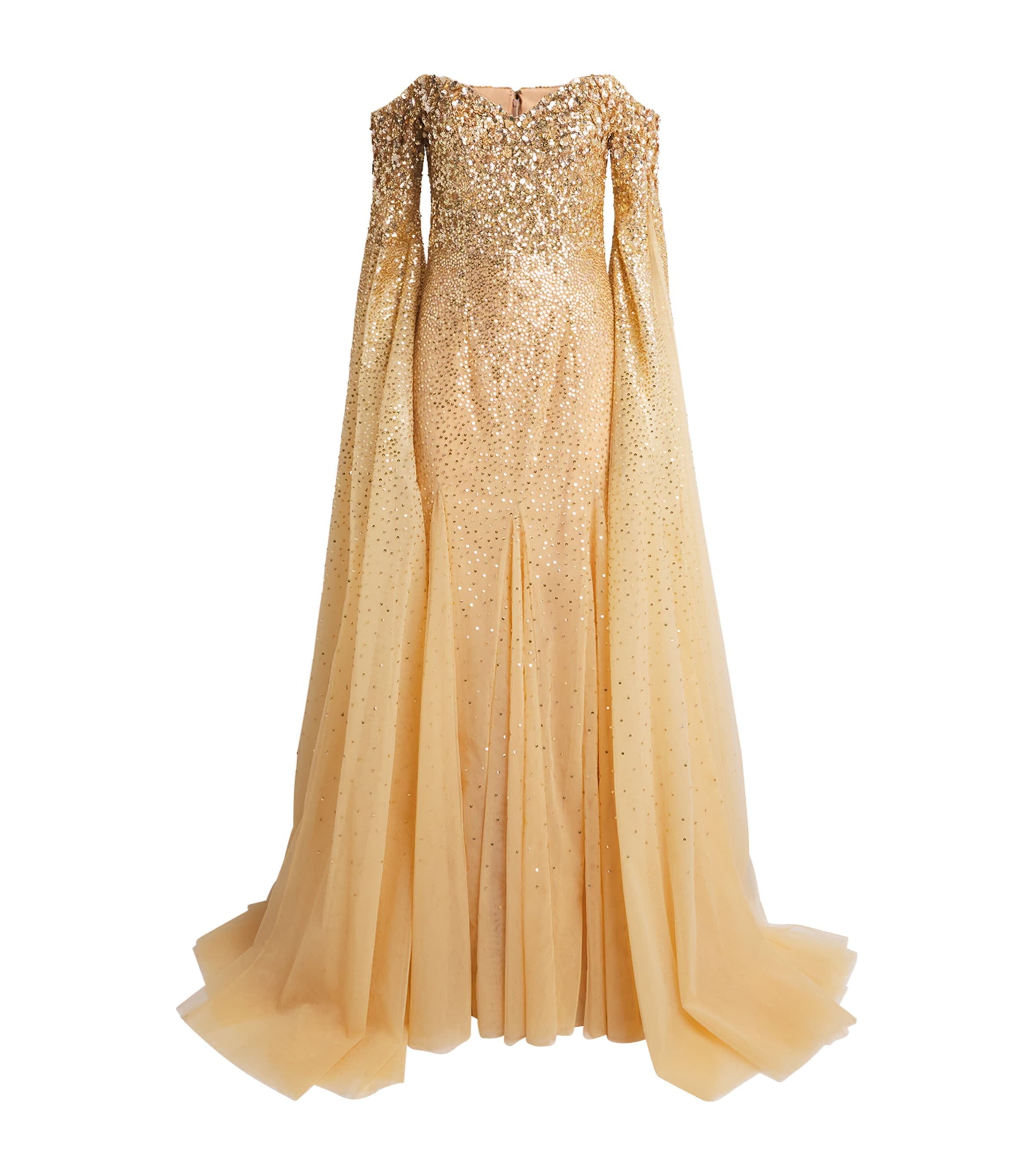 Pamella Roland Womens Sequinned Cape-Sleeve Gown Gold Image 1