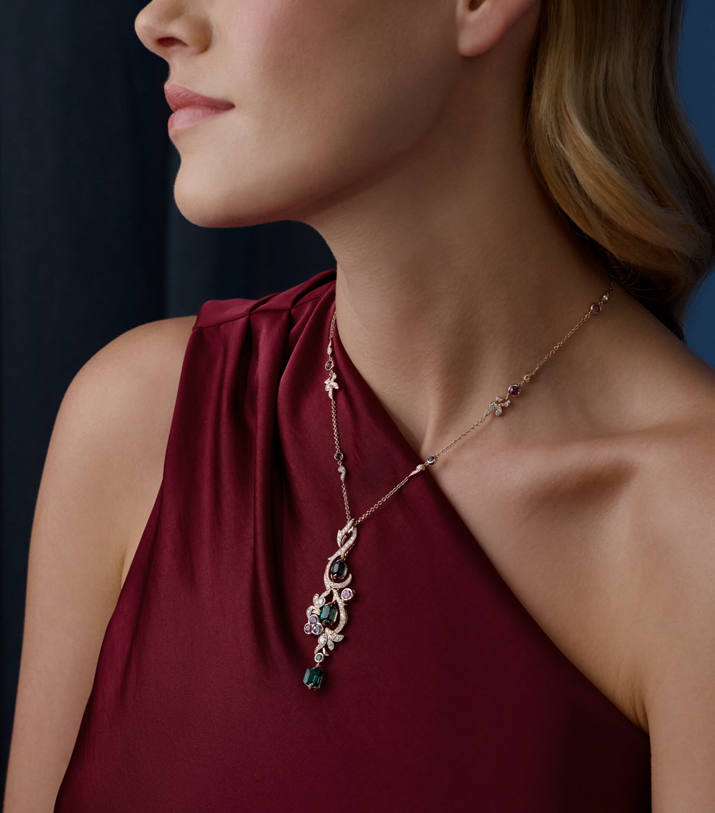 Boodles Rose Gold, Diamond, Sapphire and Tourmaline The Palace Collection Royal Damask Pendant Necklace Blue Image 2