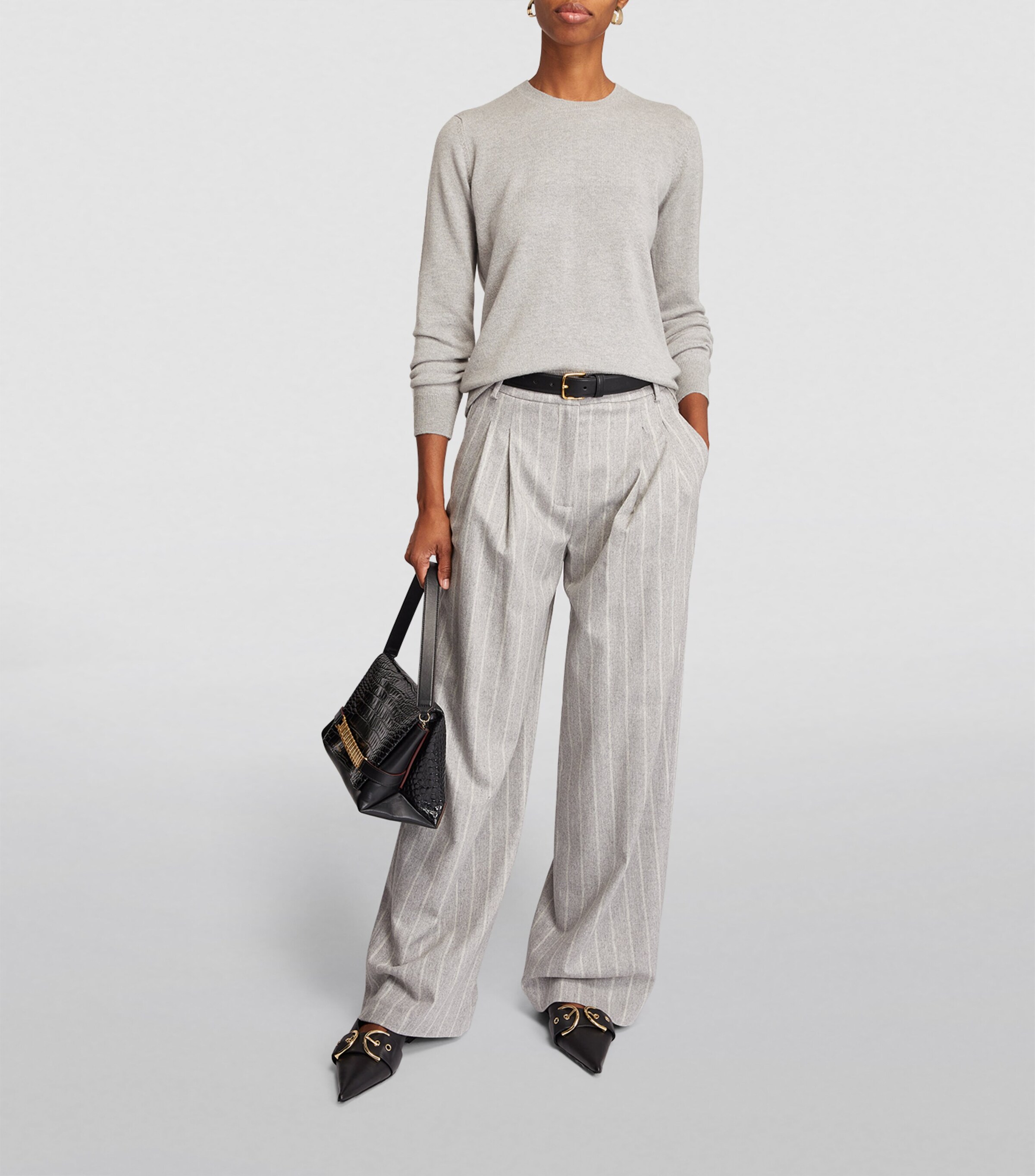 Harrods Womens Cashmere Crew-Neck Sweater Pale Grey Marl Image 2