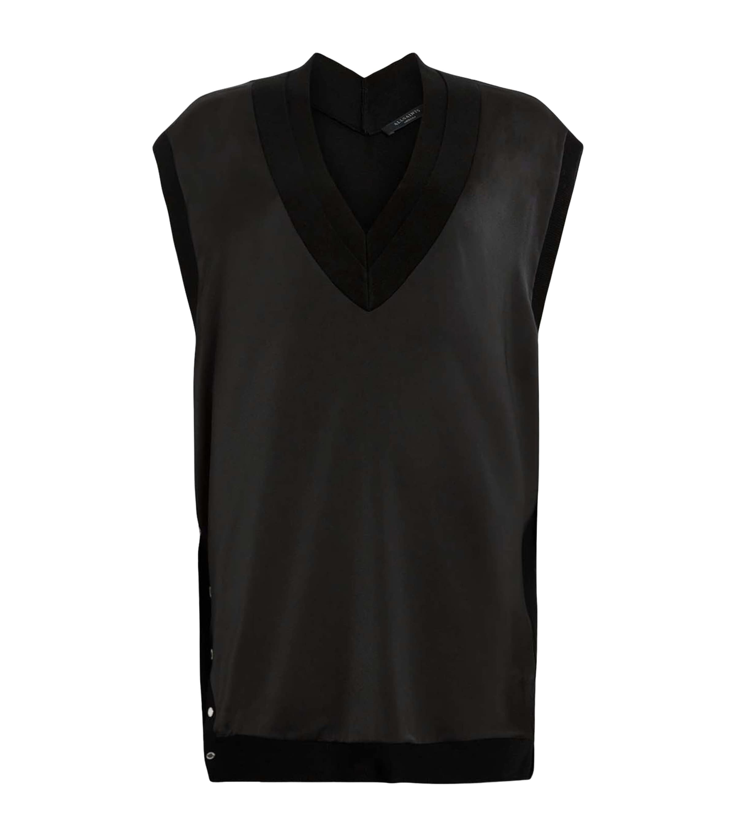 Allsaints Womens Black Bern Stud-embellished Satin And Wool Tank Top In Black
