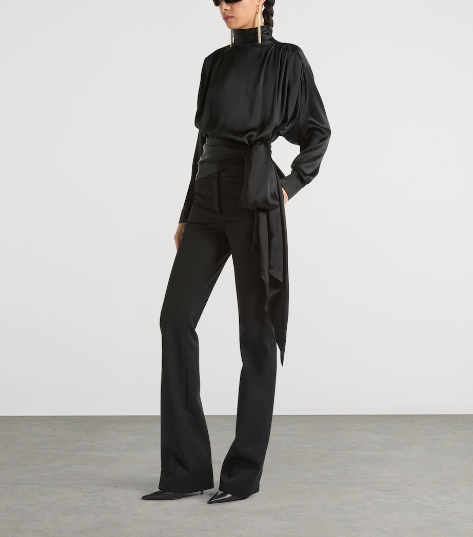 Balmain Womens Silk Satin Tie-Neck Blouse Noir Image 2
