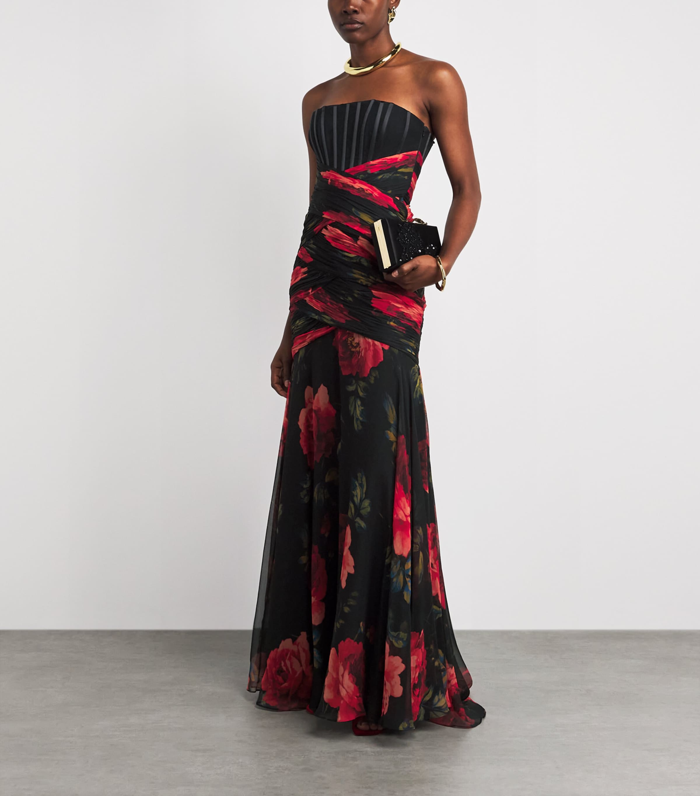Carolina Herrera Womens Silk Chiffon Floral Bustier Gown Black Multi Image 2