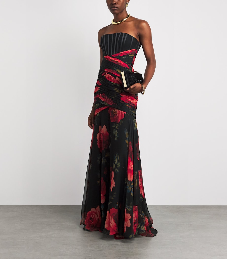 Carolina Herrera Womens Silk Chiffon Floral Bustier Gown Black Multi Image 2