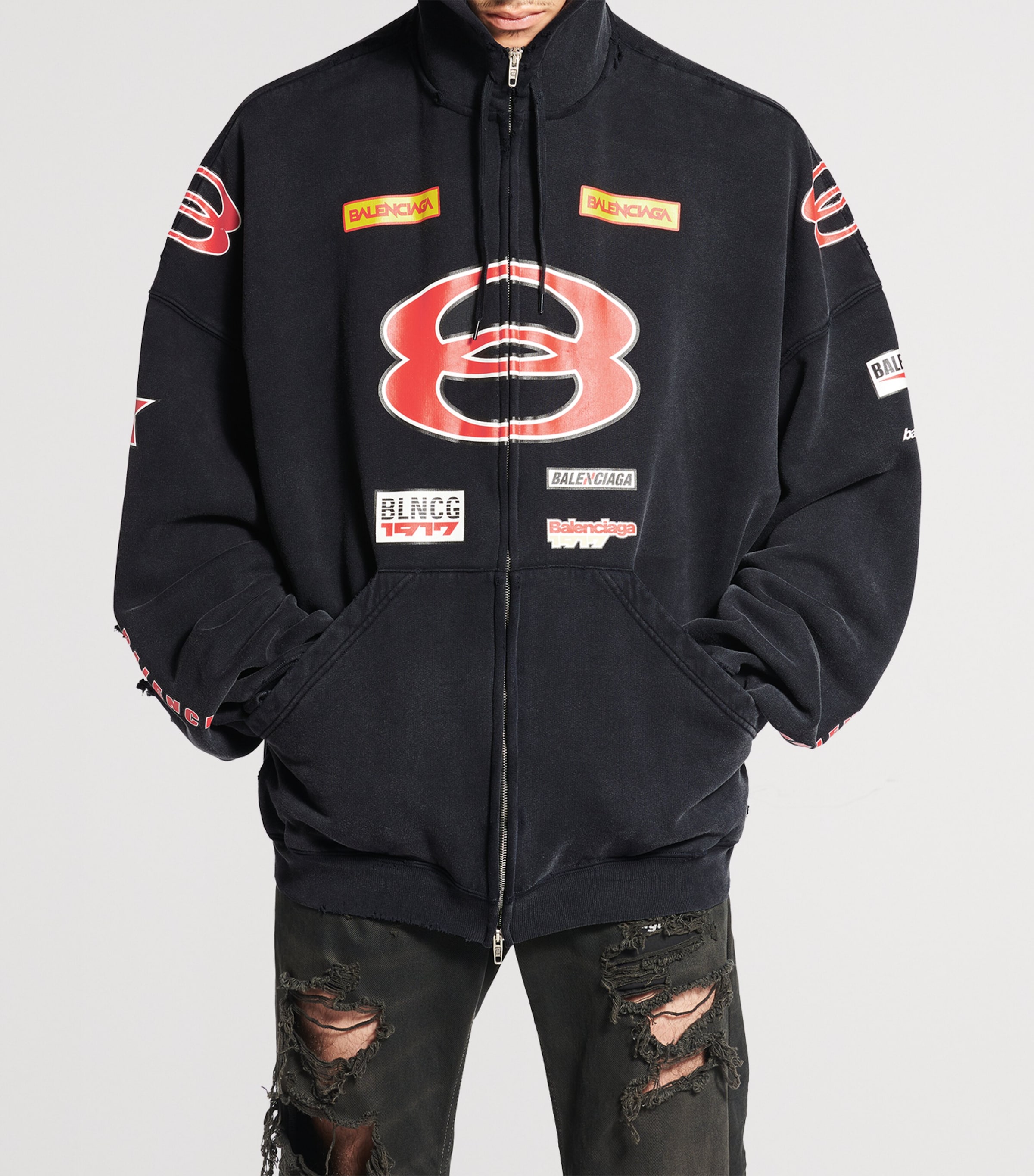 Balenciaga Sponsor Logos Oversized Zip-Up Hoodie | Harrods US Balenciaga Sponsor Logos Oversized Zip-Up Hoodie | Harrods US