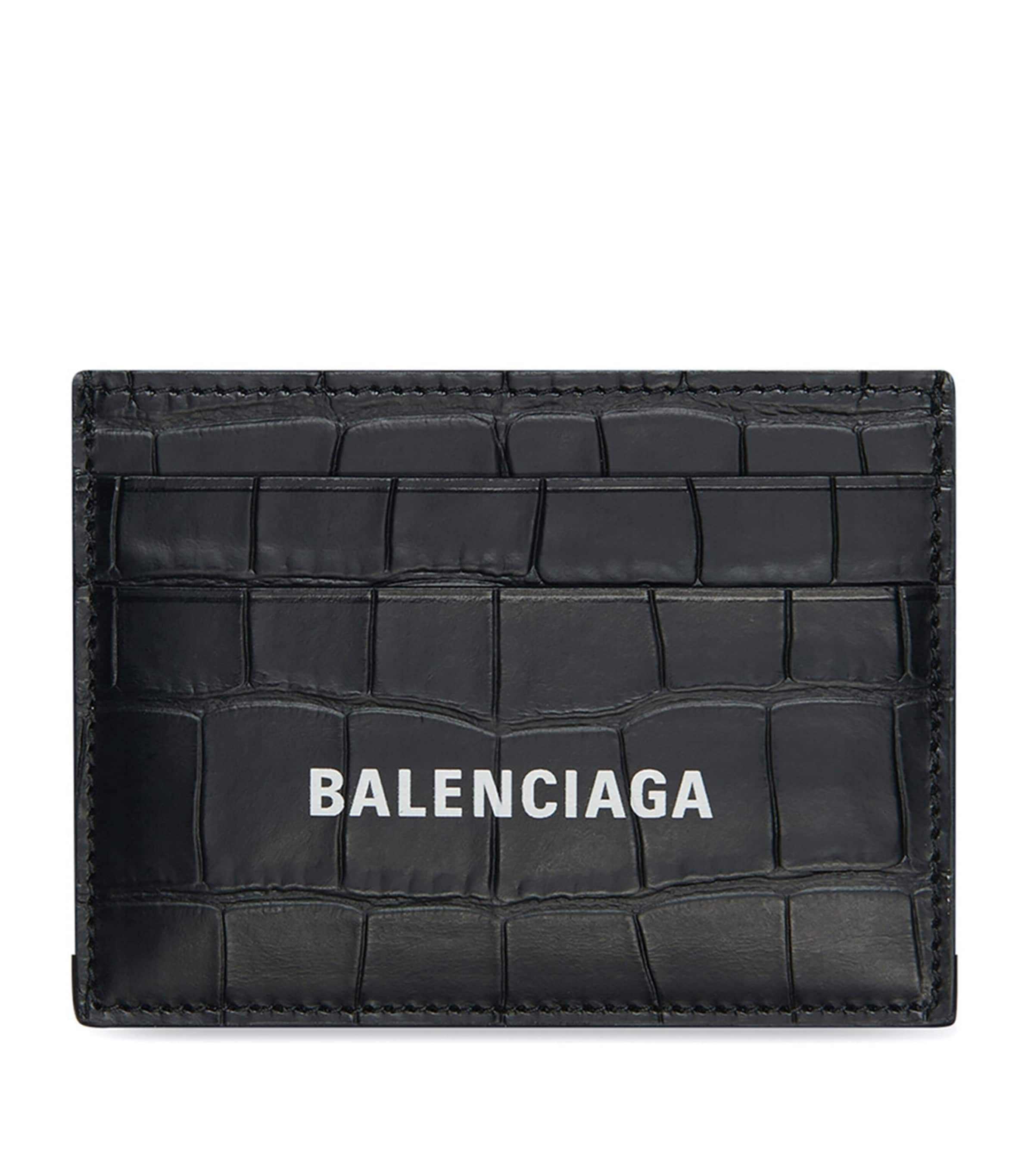 Balenciaga Leather Croc-embossed Card Holder In Black