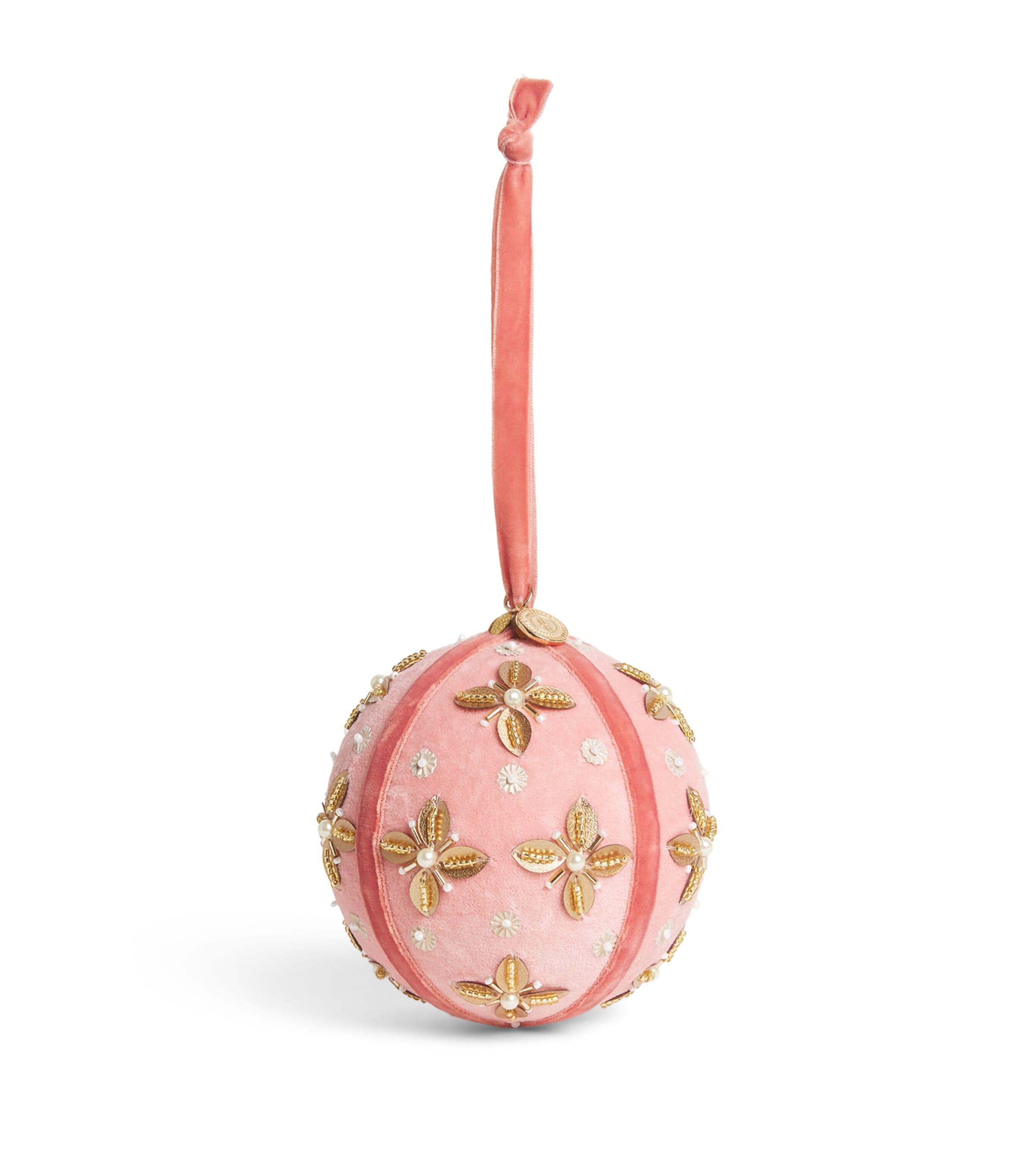 HARRODS PINK VELVET EMBROIDERED BAUBLE 