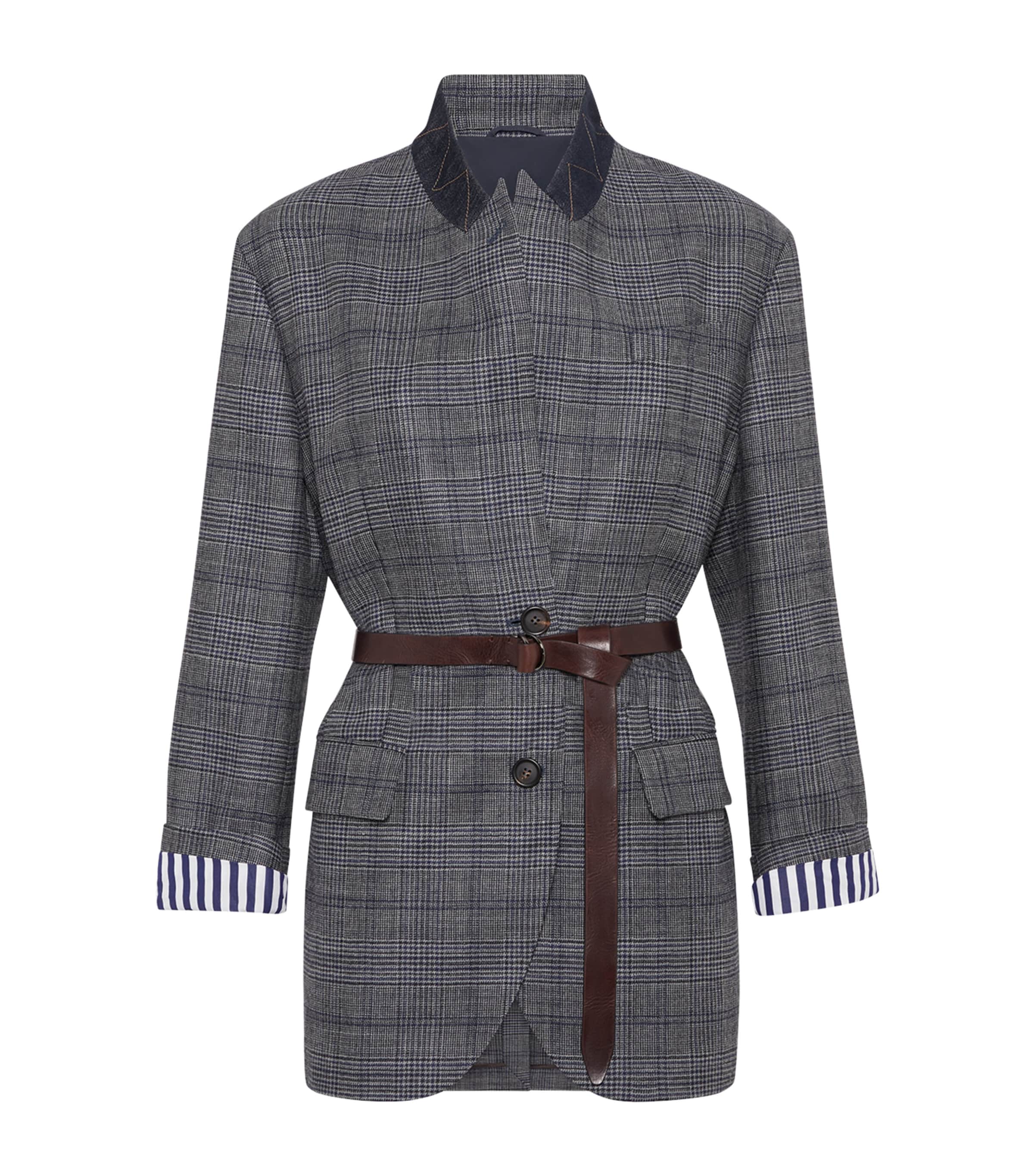 Brunello Cucinelli Virgin Wool Prince Of Wales Check Belted Blazer In Gray