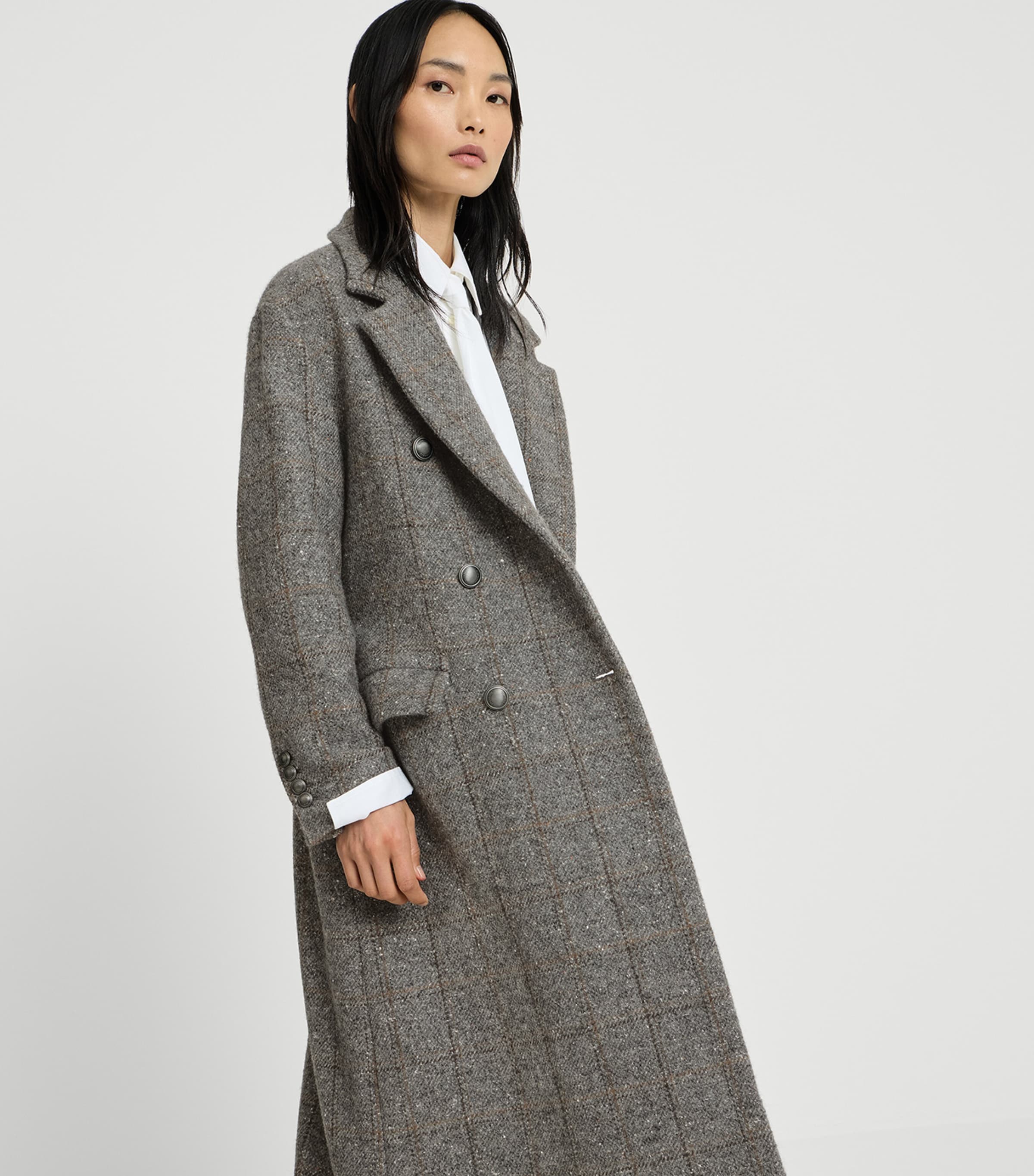 Brunello Cucinelli Grey Wool Tweed Check Trench Coat | Harrods US
