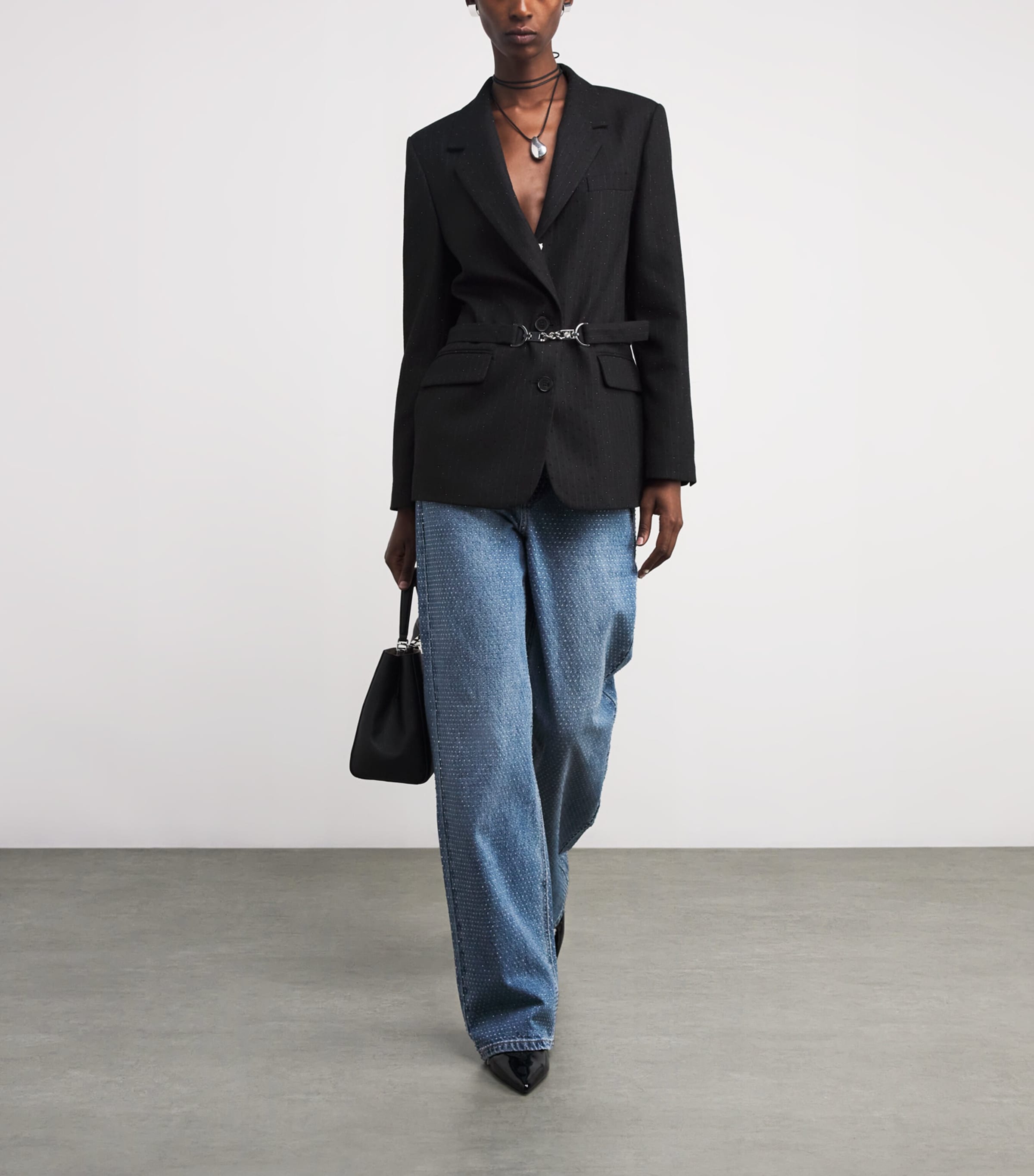 Rhinestone-Embellished Striped Suit Jacket BLACK Image 2