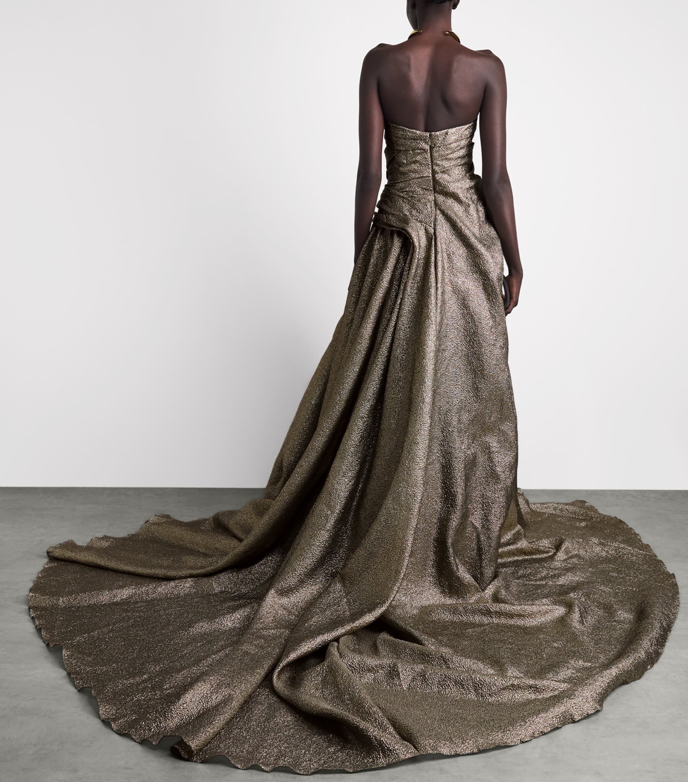 Marmar Halim Womens Metallic Strapless Draped Gown Olive Green Image 4