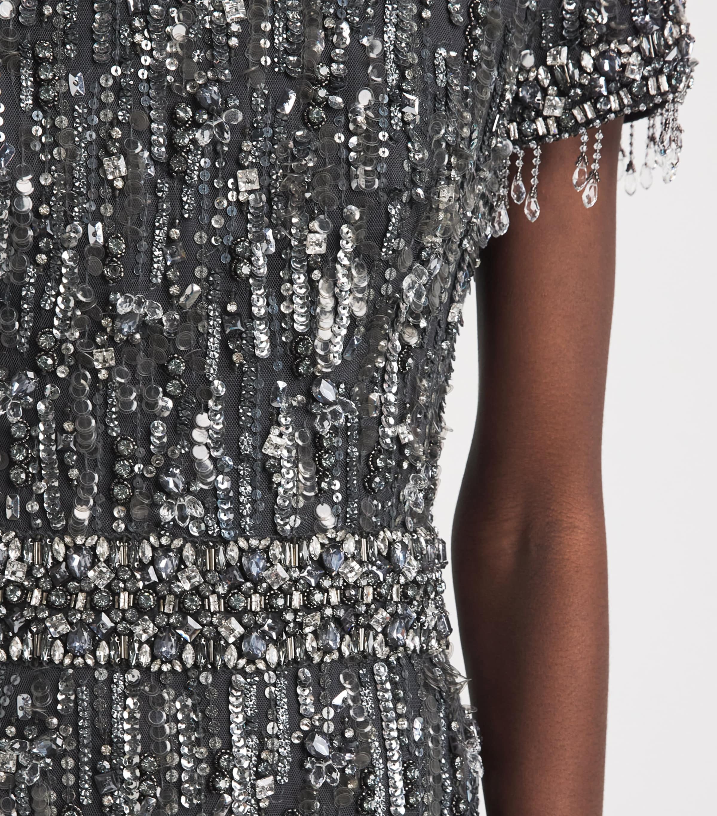 Jenny Packham Womens Short-Sleeve Rhinestone Maxi Dress Shdw Gry T Bdng Image 5