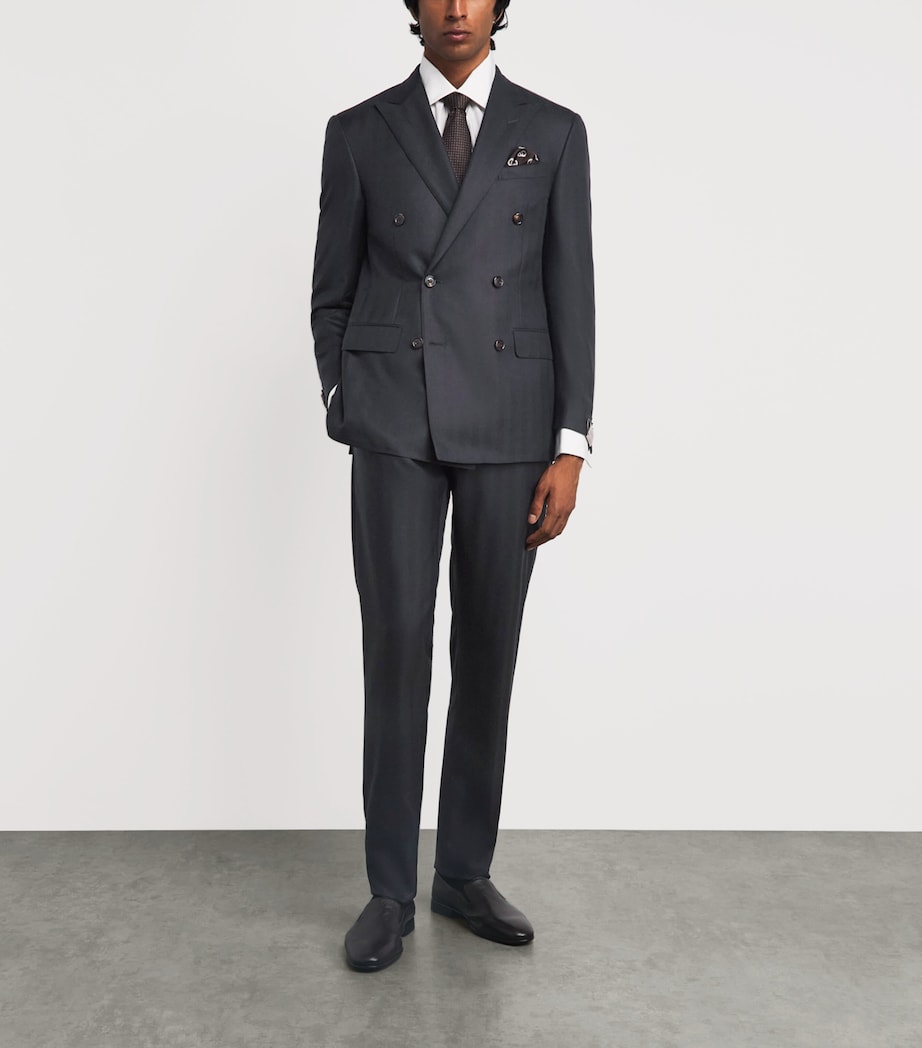 Corneliani Mens Wool Herringbone 2-Piece Suit Navy Blue Image 2
