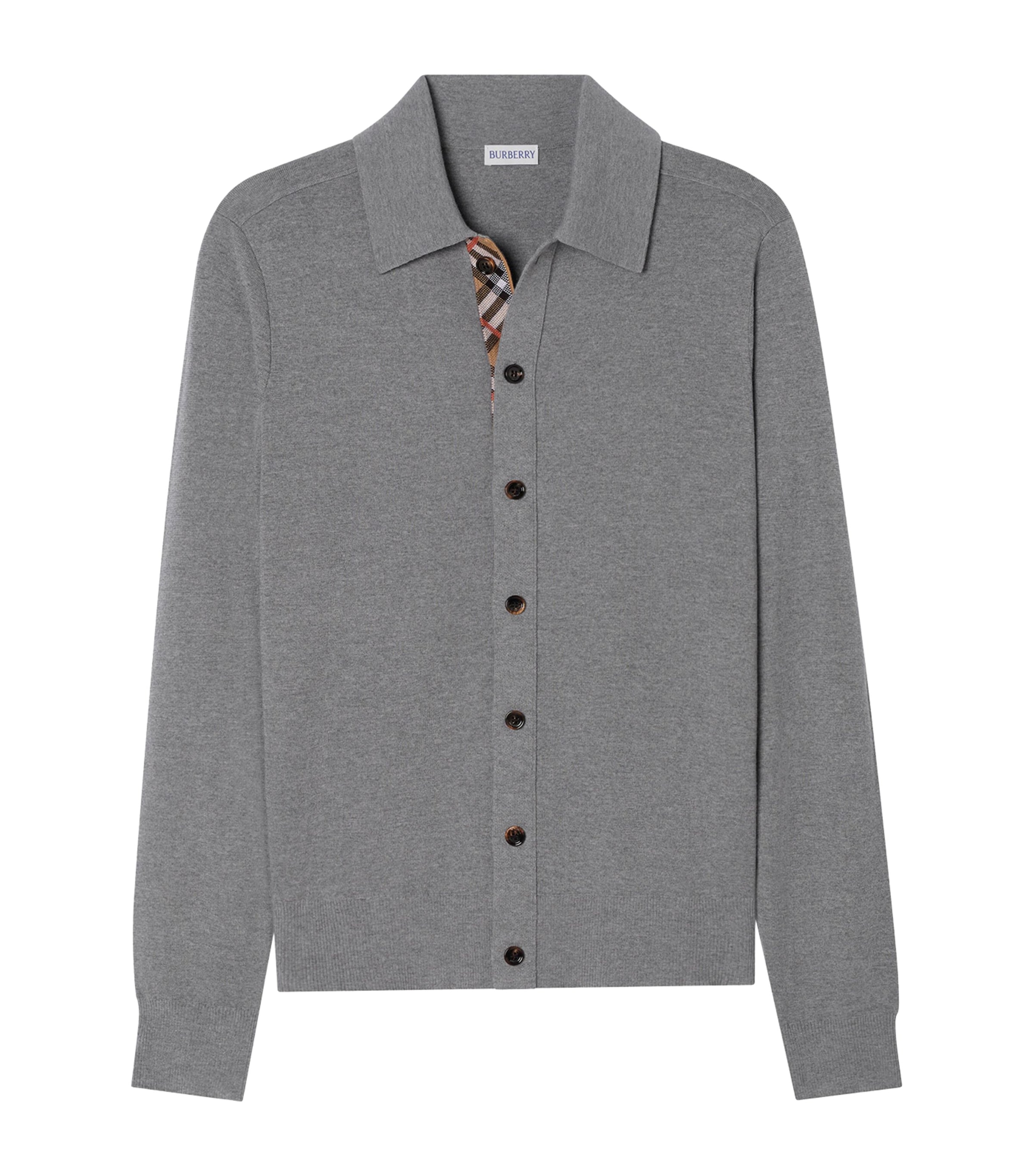 Burberry Mens Wool Check-Trim Cardigan Grey Image 1