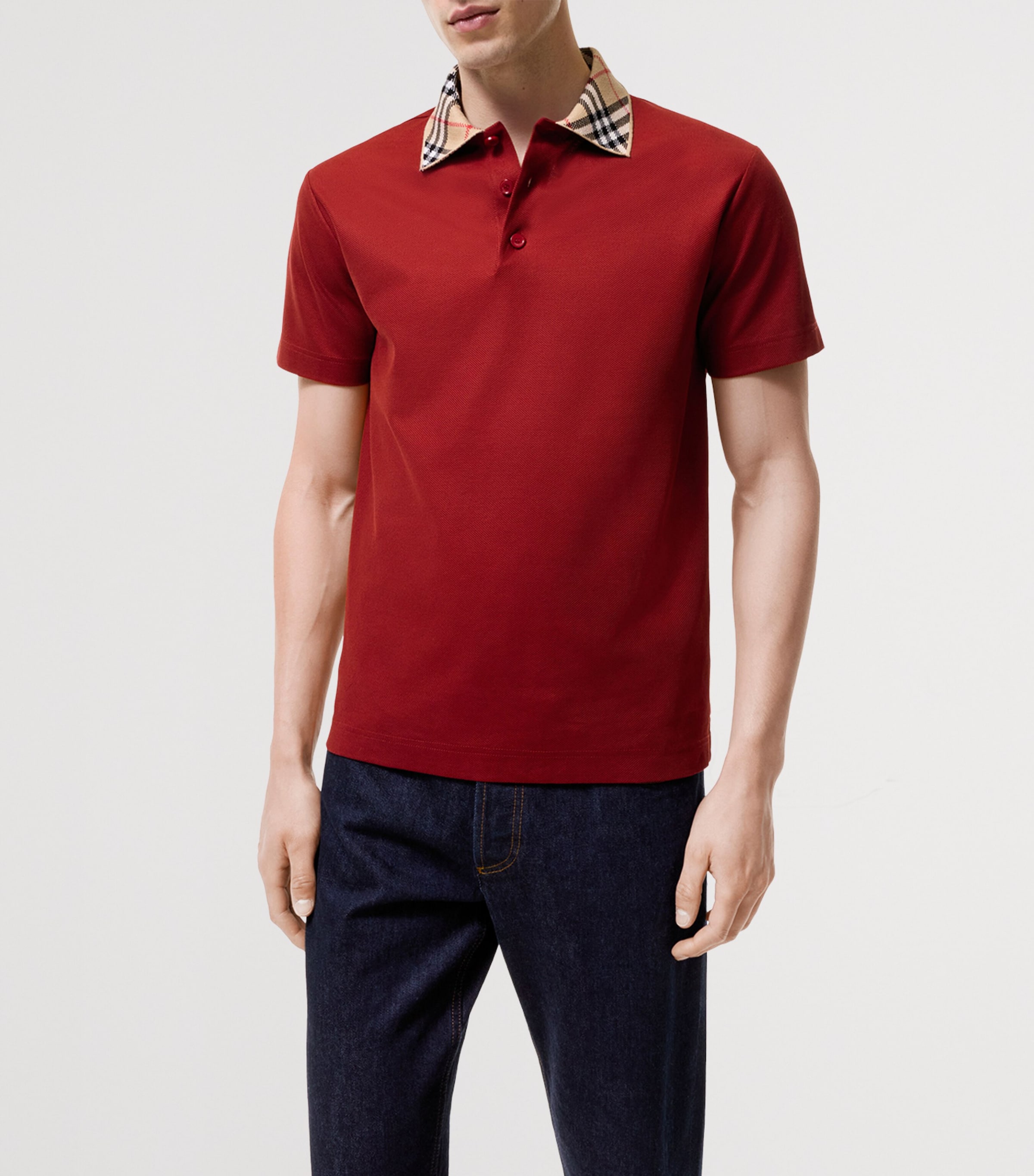 Burberry Mens Cotton Check-Collar Polo Shirt Vineyard Red Image 2