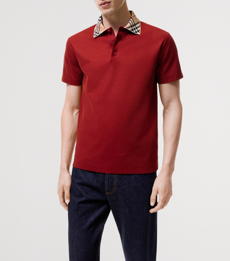 Burberry Mens Cotton Check-Collar Polo Shirt Vineyard Red Image 2