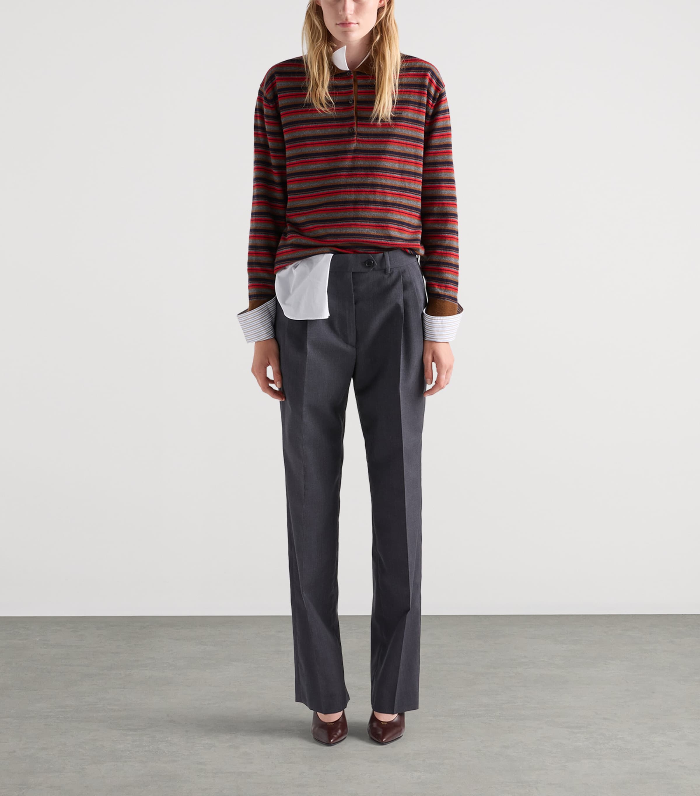 Prada Womens Cashmere Stripe Polo Sweater Brown Image 2
