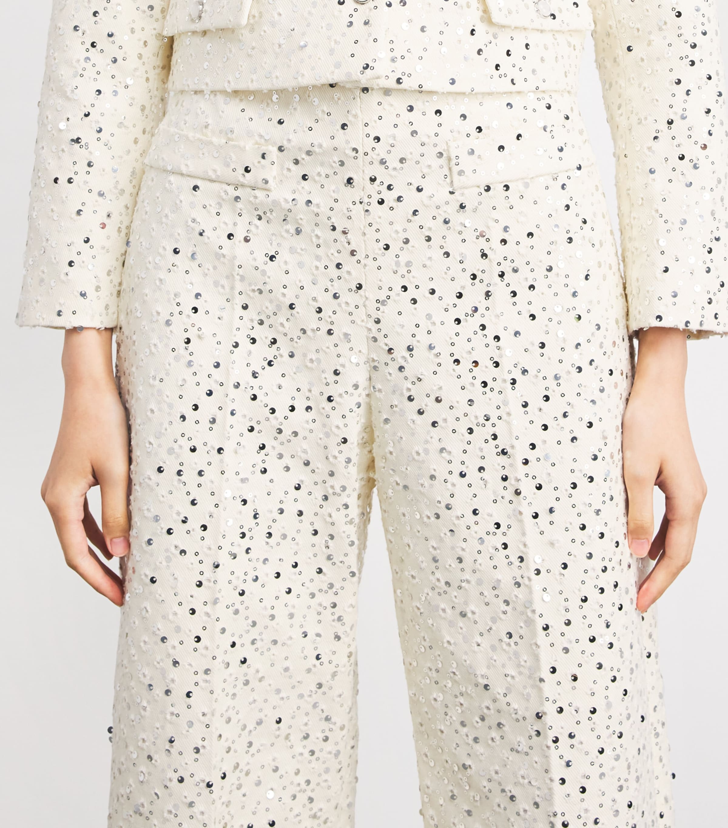 Sandro Paris Womens Cotton-Blend Sequin Straight Trousers Ecru Image 3