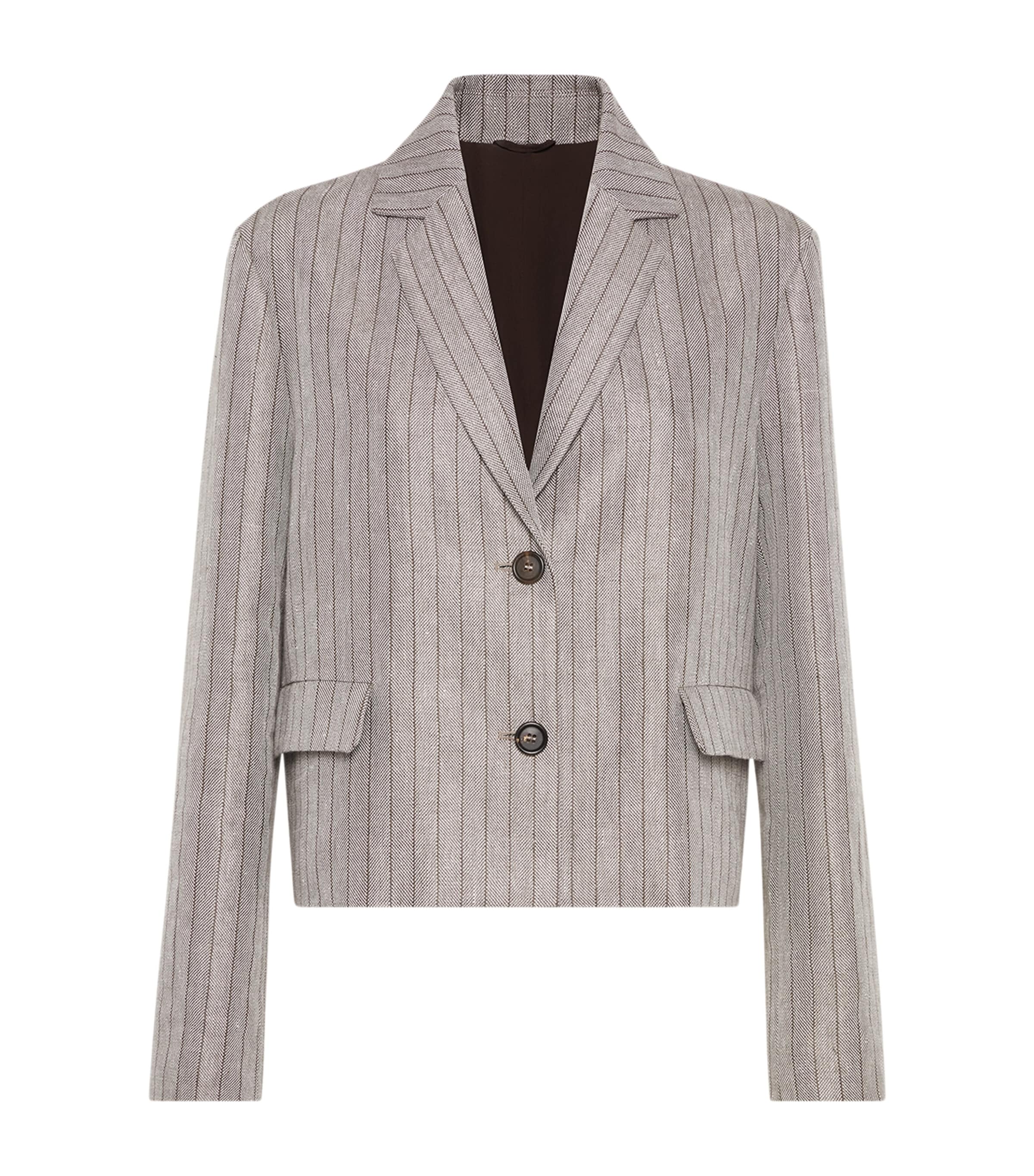 Brunello Cucinelli Techno Linen Stripe Cropped Blazer In Brown