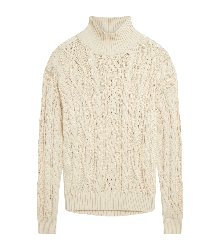 Cotton-Silk Aran Cable Sweater 101IVORY Image 1