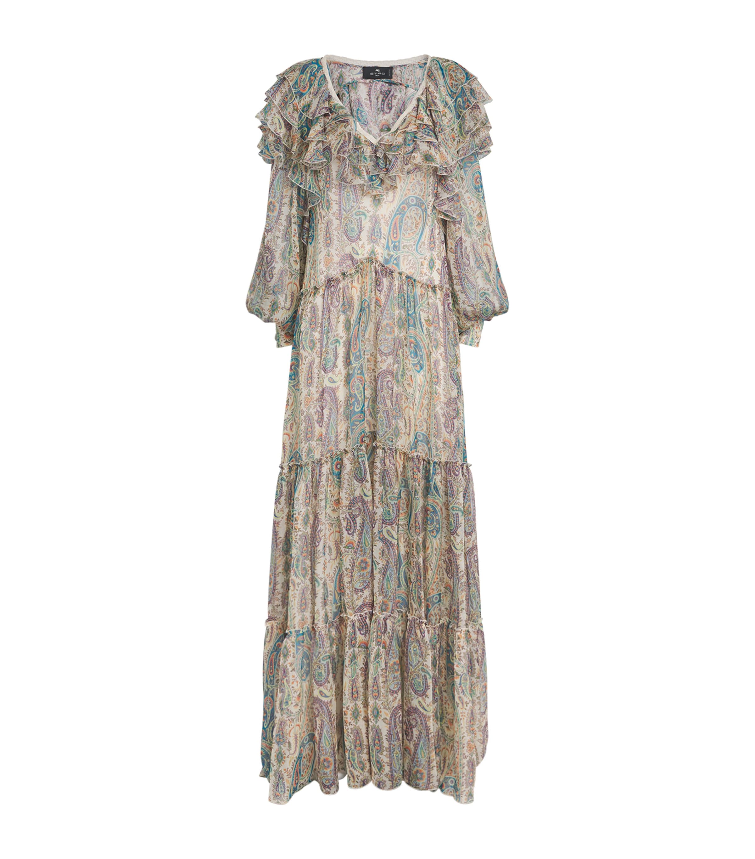 Etro Womens Silk Paisley Ruffle Maxi Dress Print Wht Base Image 1