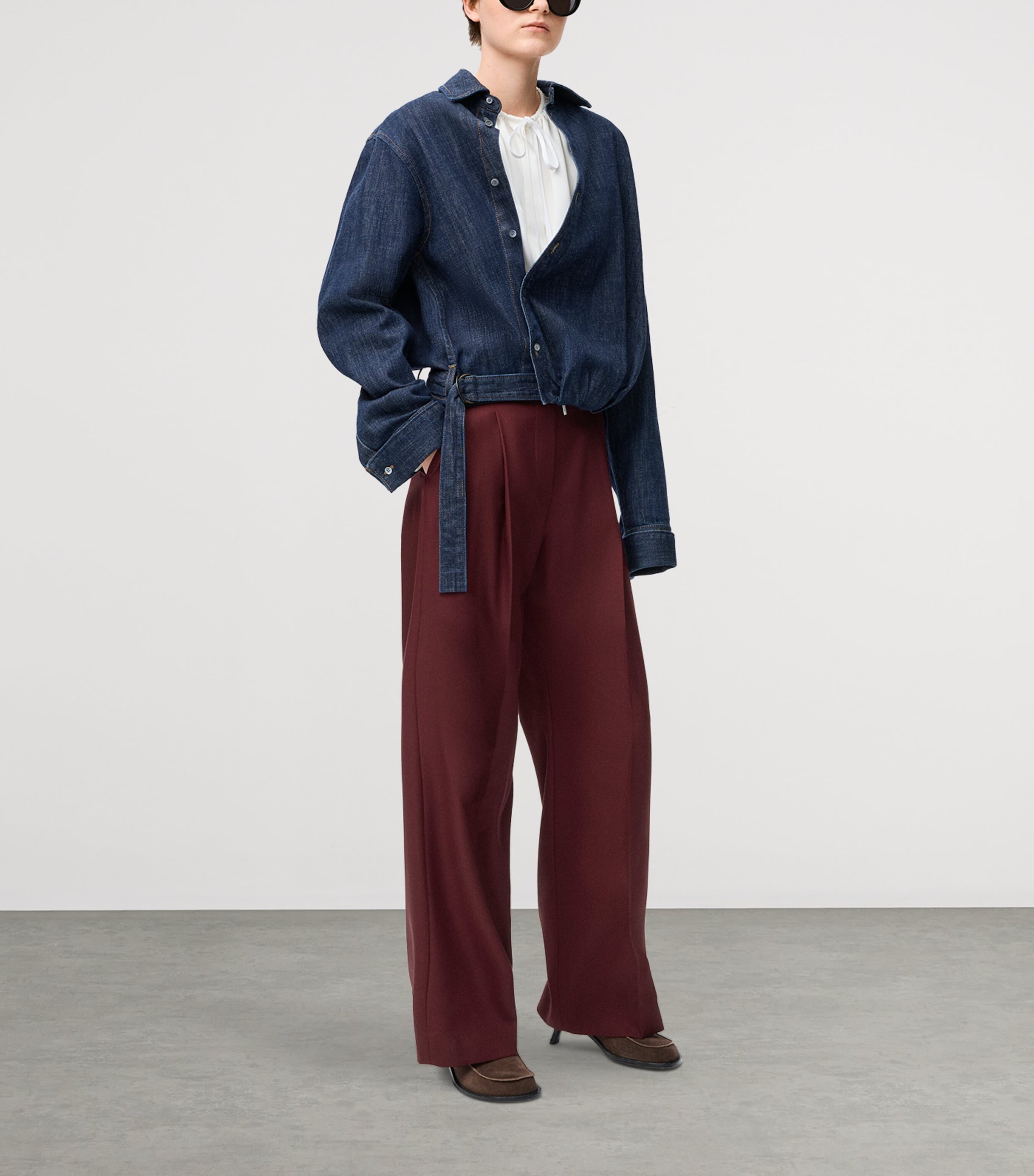 Wool Leather-Waistband Tailored Trousers BURGUNDY Image 2
