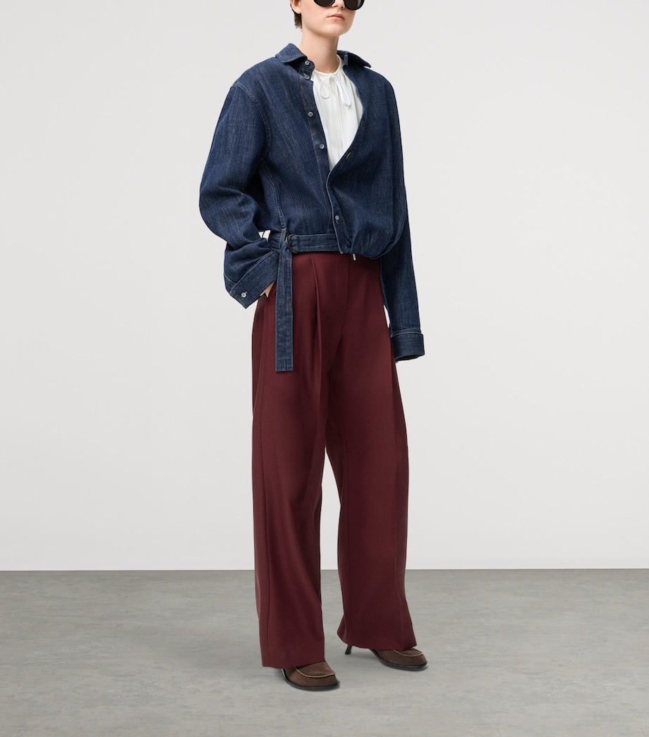 Wool Leather-Waistband Tailored Trousers BURGUNDY Image 2