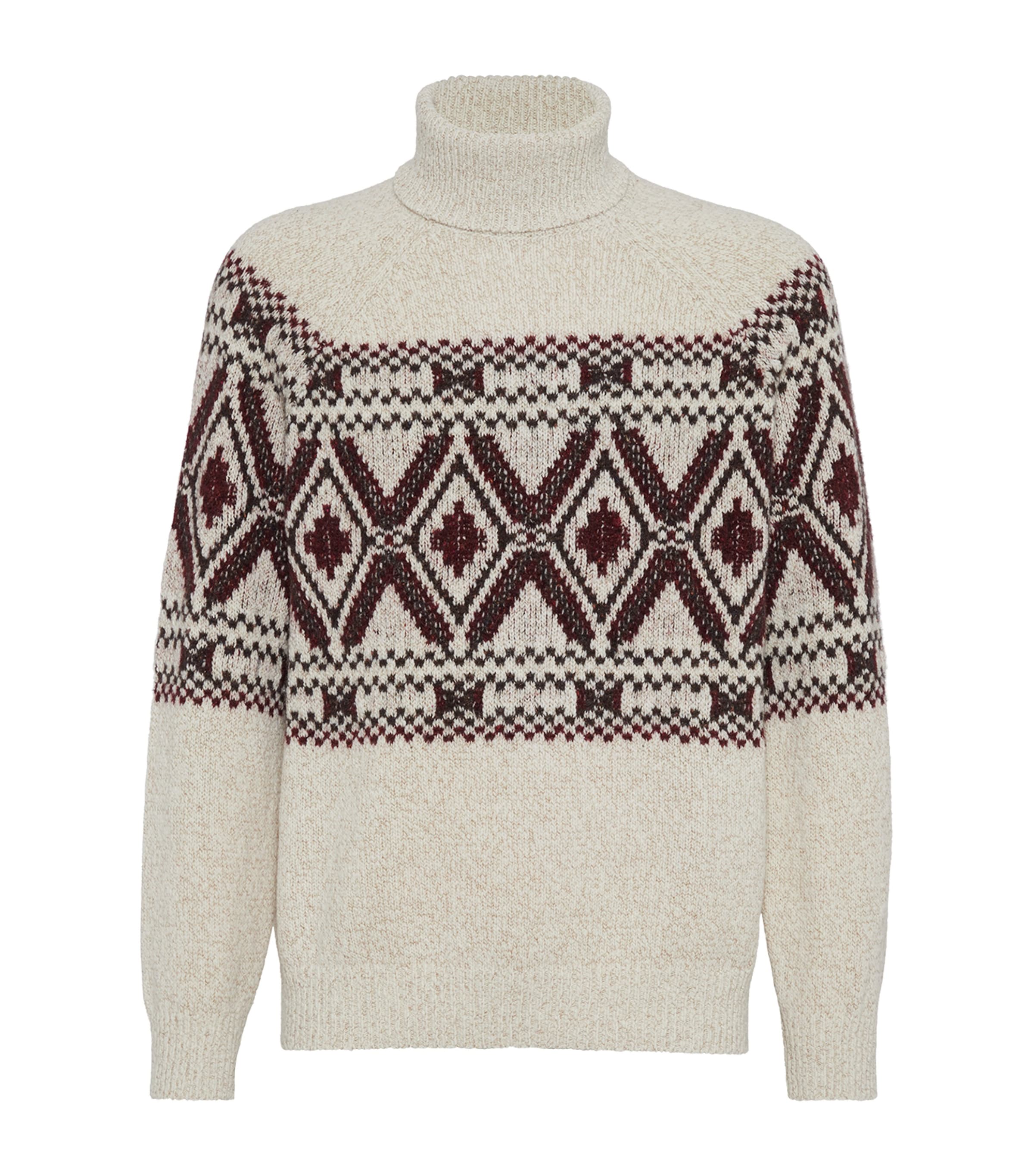 Brunello Cucinelli Geometric Jacquard Turtle Neck Pullover In Gray