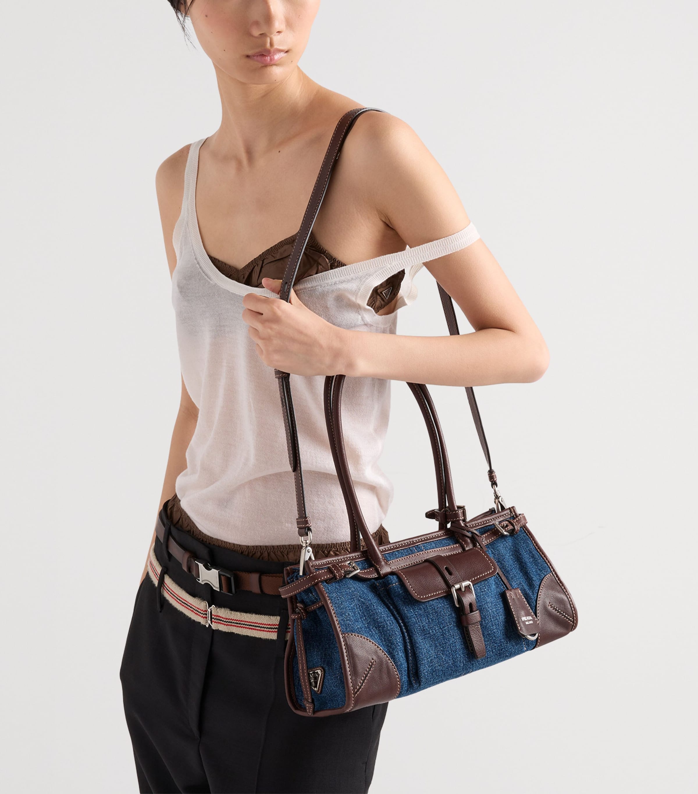 Prada Medium Denim Bonnie Shoulder Bag Blue Image 2