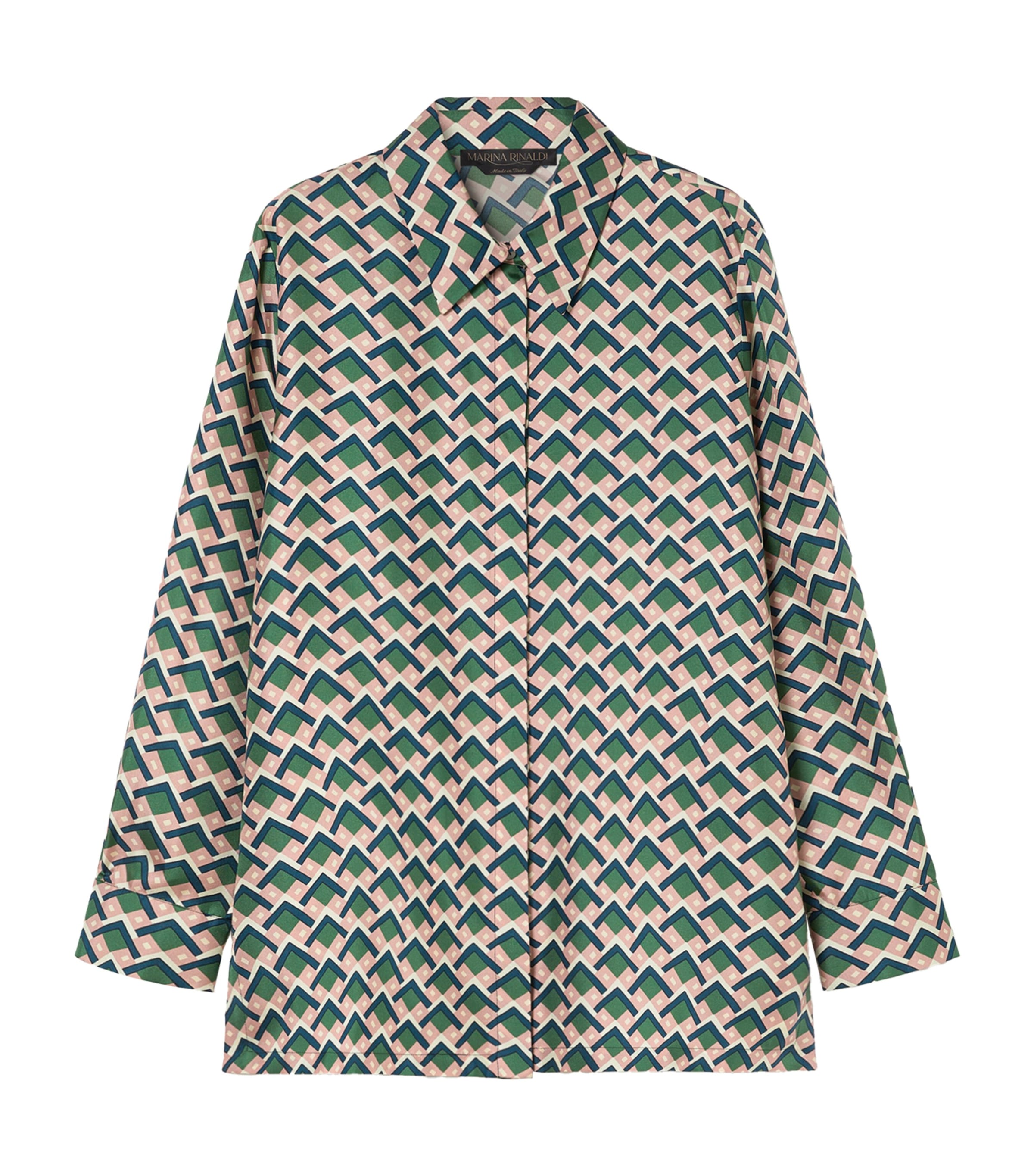 Marina Rinaldi Yelina Geometric Print Silk Button-up Shirt In Green