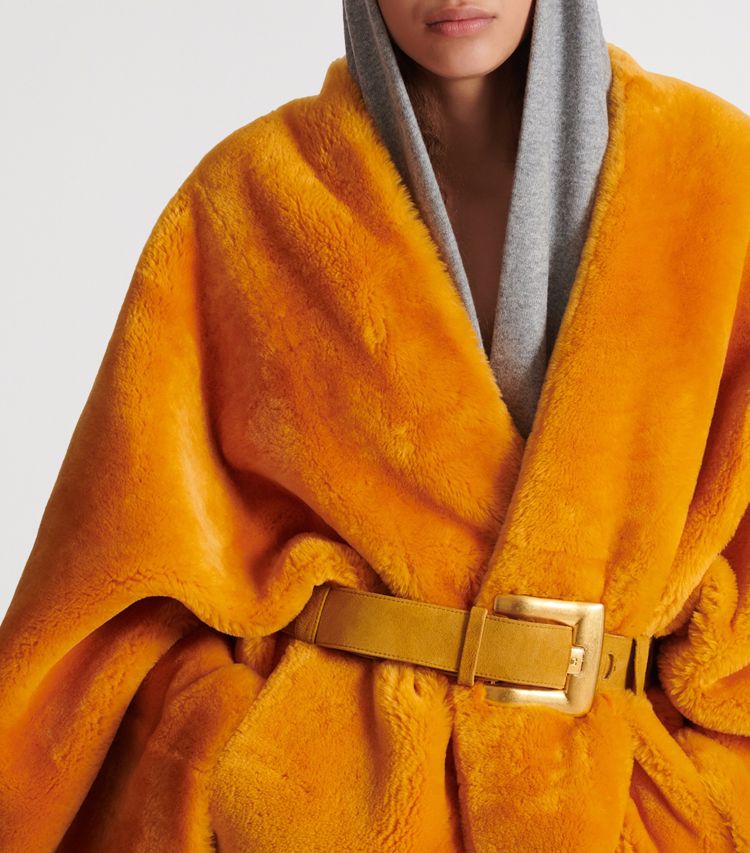 Shearling Belted Wrap Coat 1GF - MUSTARD Image 4