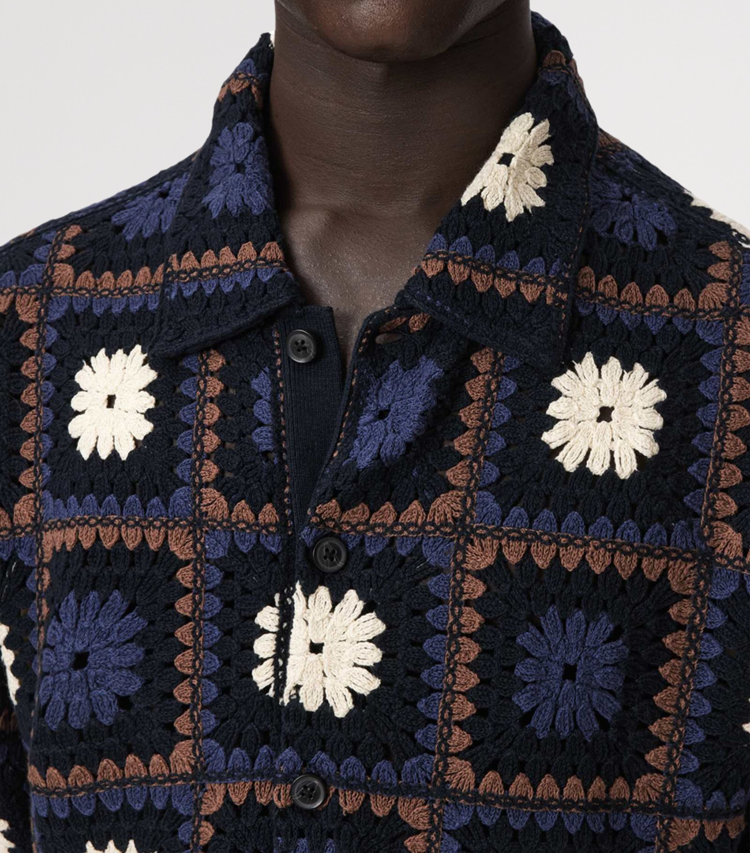 AllSaints Mens Organic Cotton Crochet Short-Sleeve Shirt Moonstone Blue Image 6