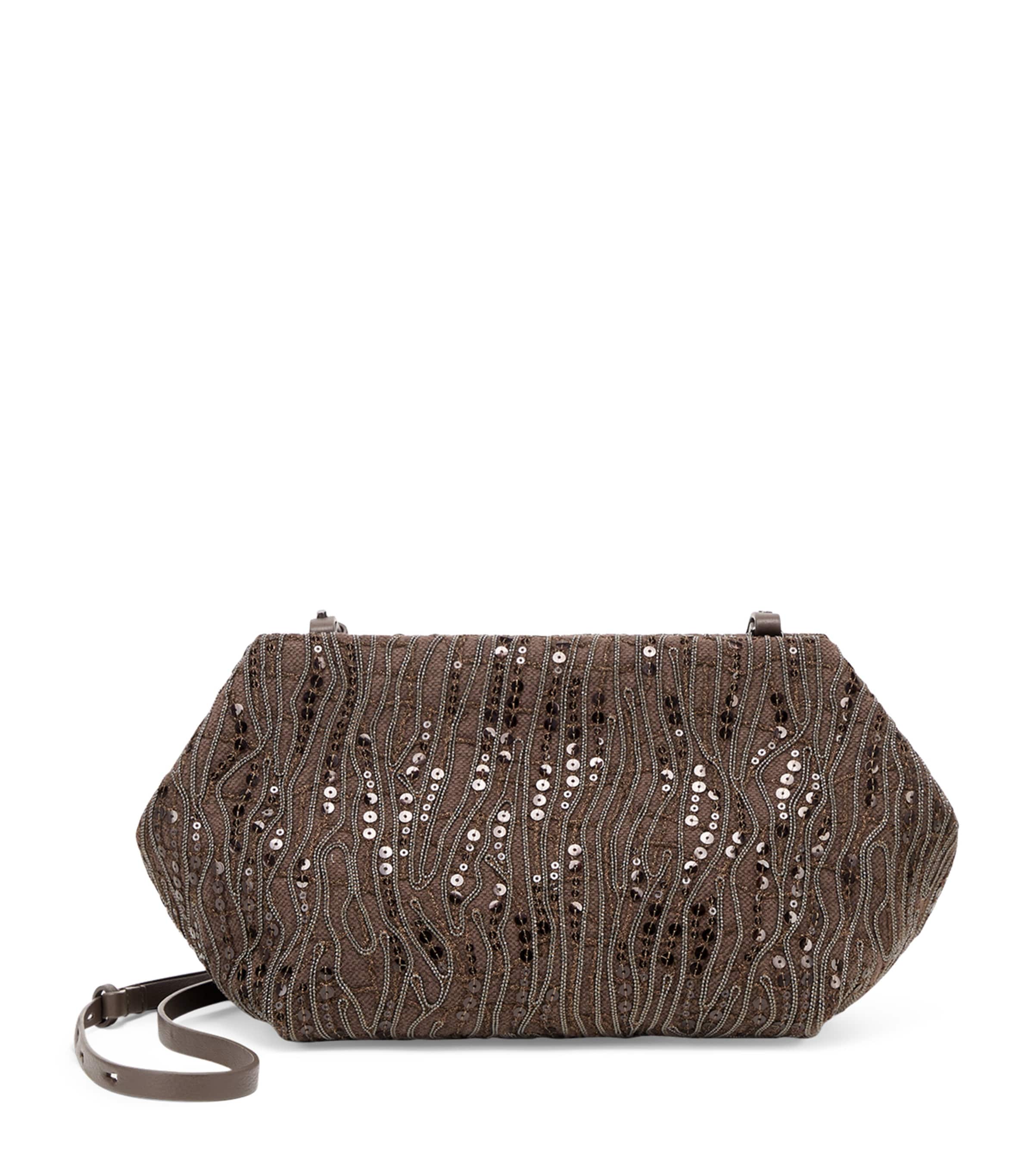 Brunello Cucinelli Cotton-linen Embellished Cross-body Bag In Brown