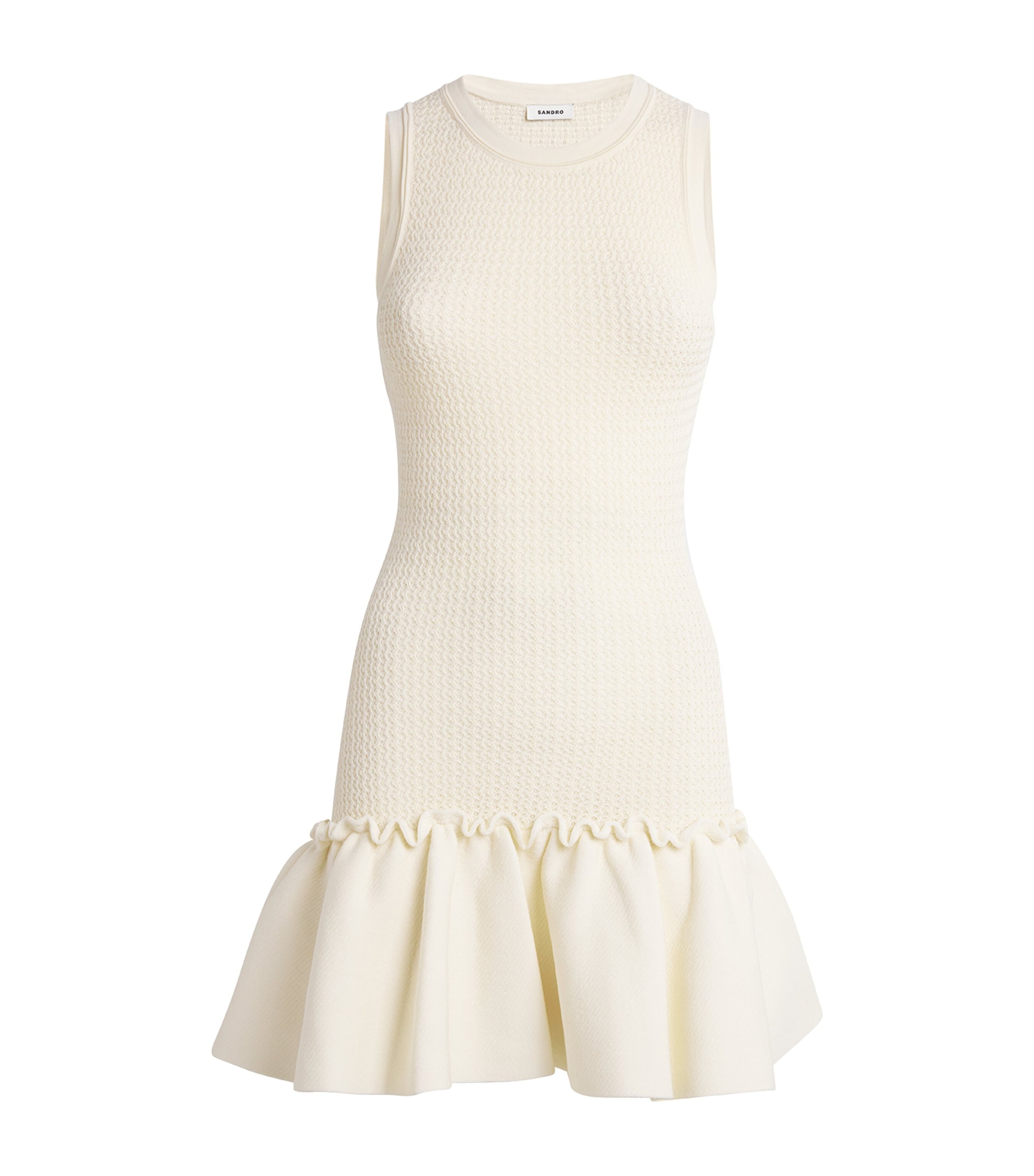 Sandro Knitted Ruffle-trim Mini Dress In Beige
