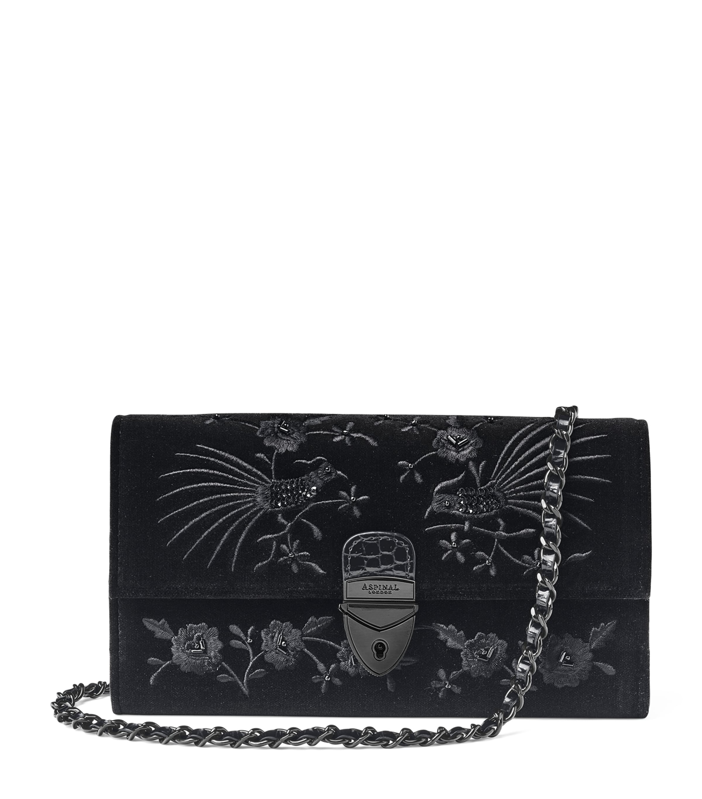 Aspinal Of London Womens Black Mayfair Flower-embroidered Leather Clutch Bag In Black