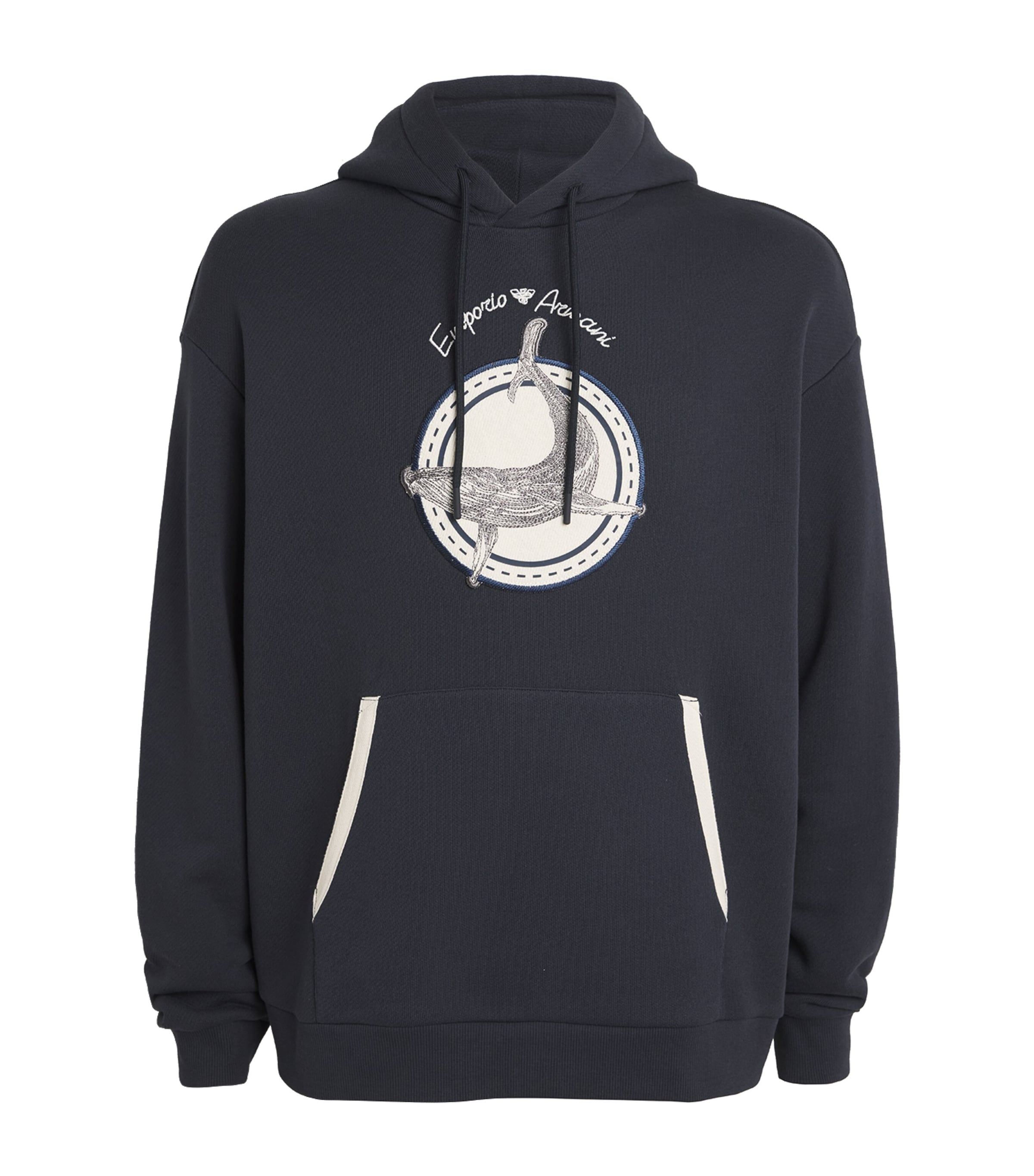 Emporio Armani Cotton Twill Whale Patch Regular Fit Hoodie In Blue