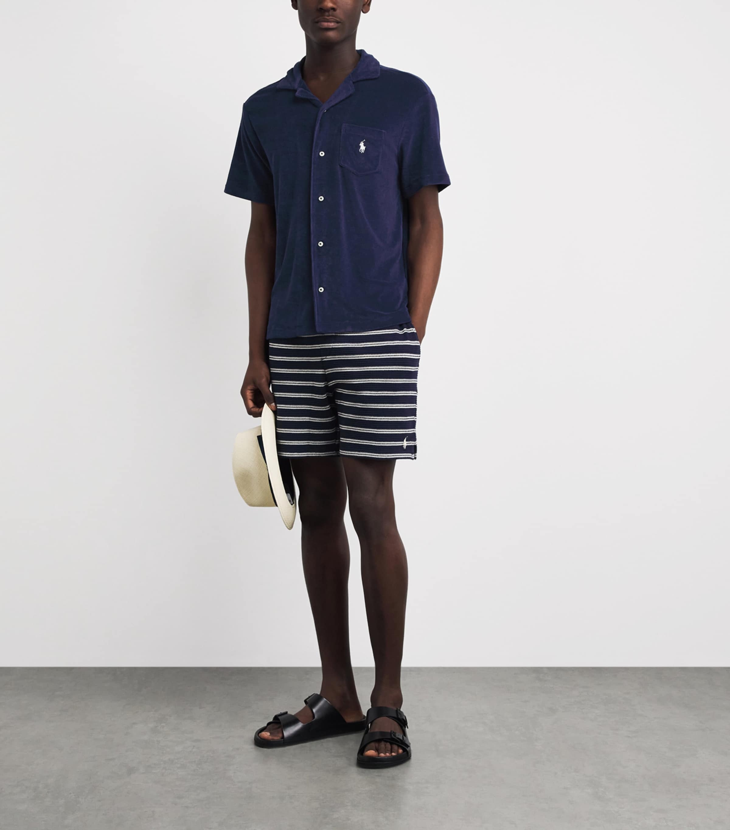 Polo Ralph Lauren Mens Cotton-Blend Terry Short-Sleeve Slim Shirt Newport Navy Image 2