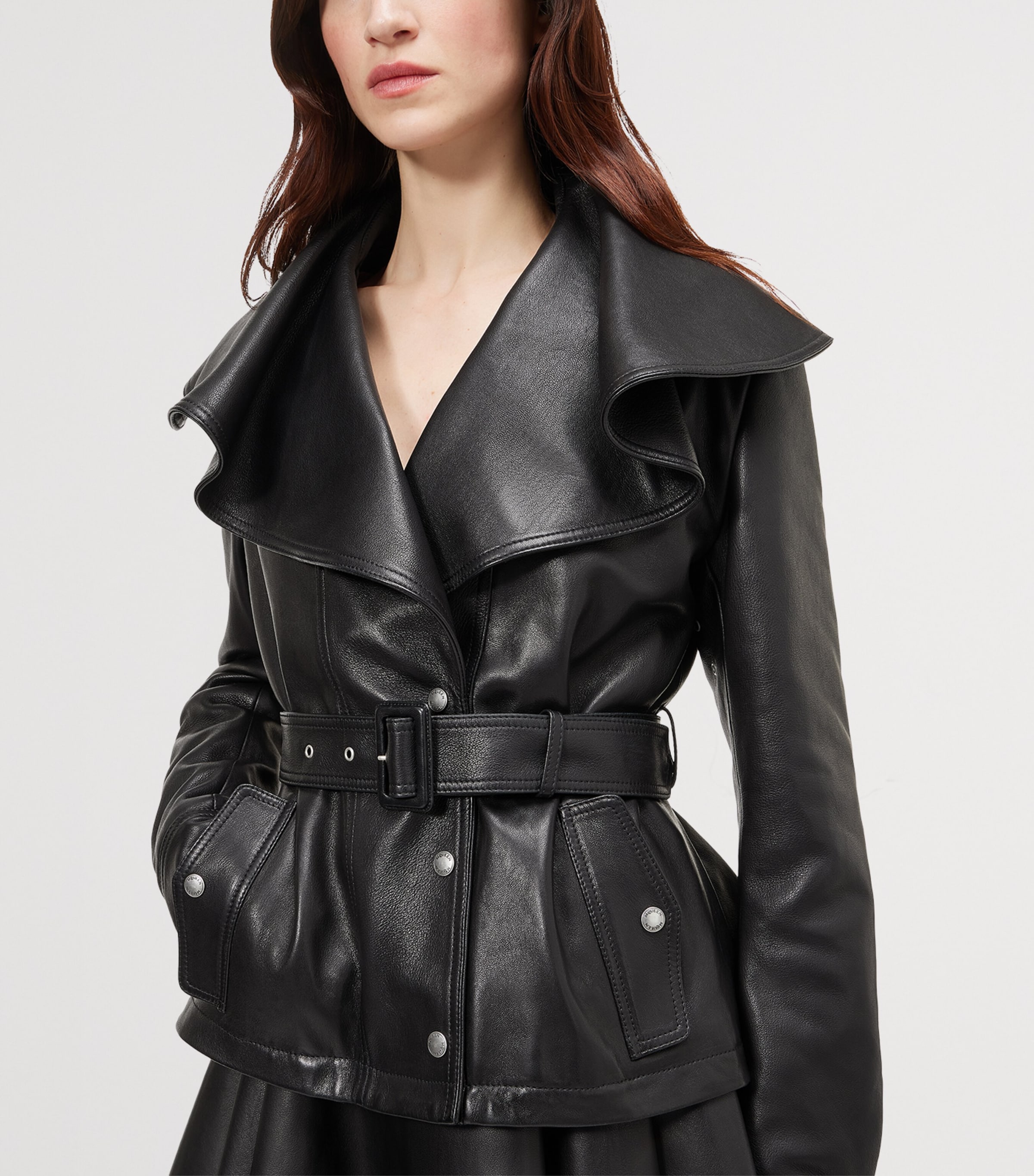 McQueen Womens Waterfall-Collar Leather Jacket Image 5