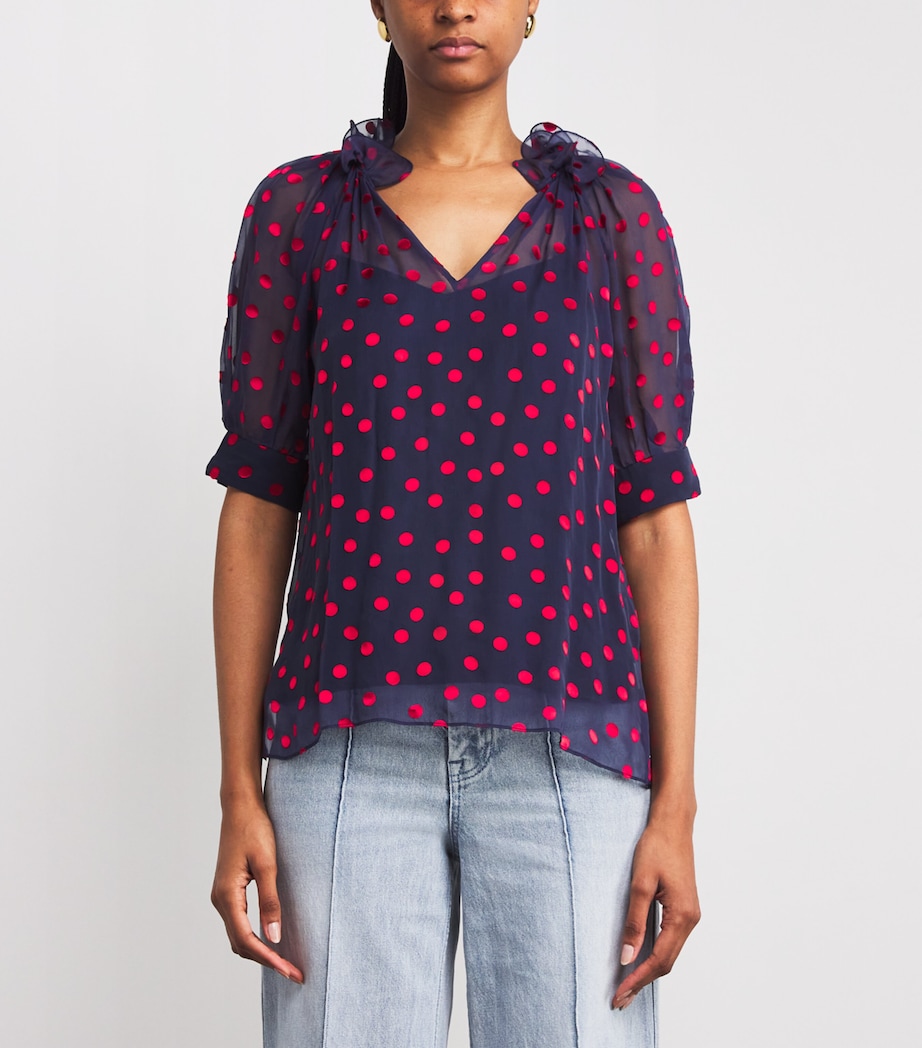 Saloni Womens Silk-Blend Devoré Polka Dot Josie Blouse Navy Brght Rouge Image 3