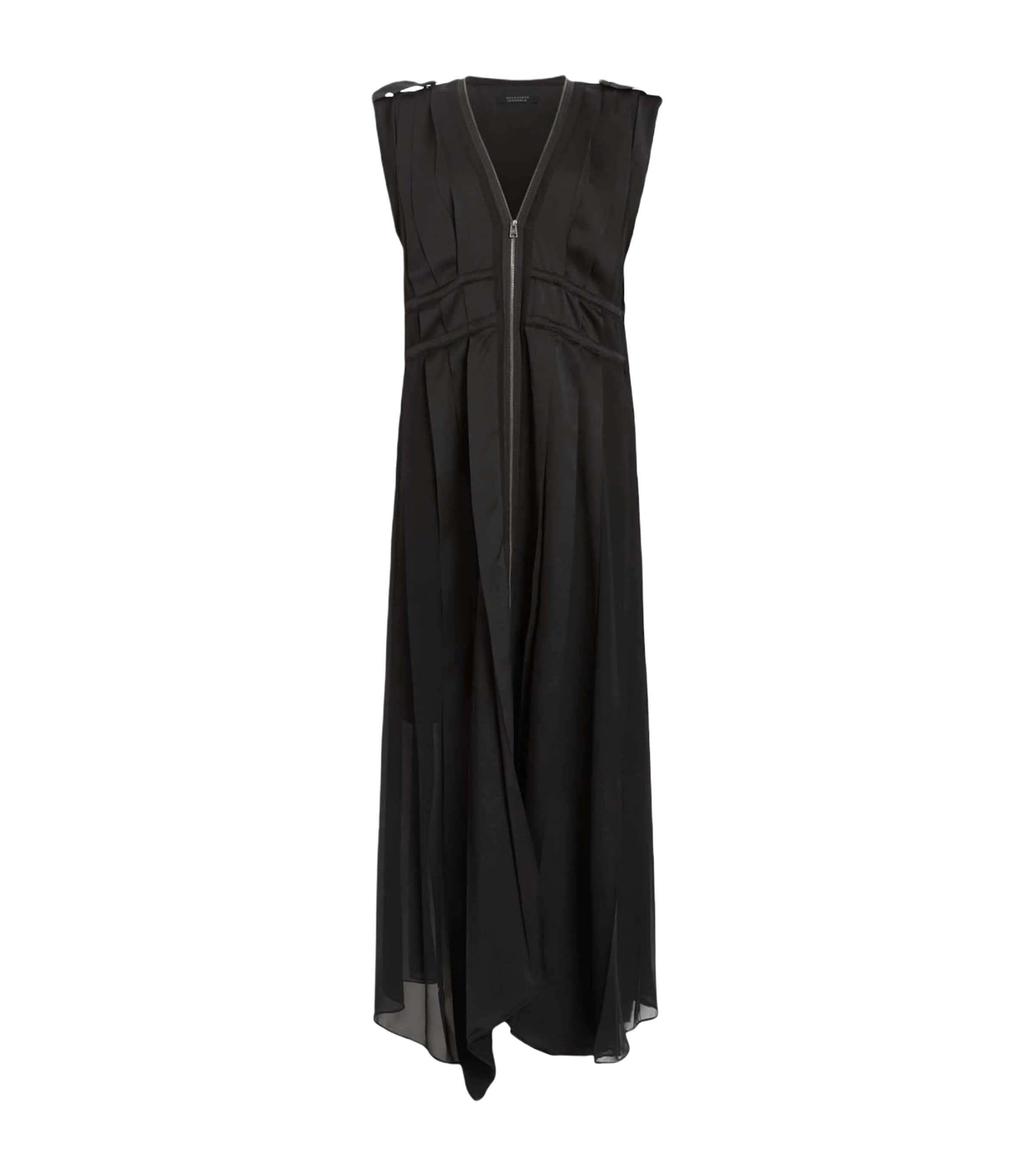 Allsaints Womens Black Amala Zip-front Sleeveless Woven Midi Dress In Black