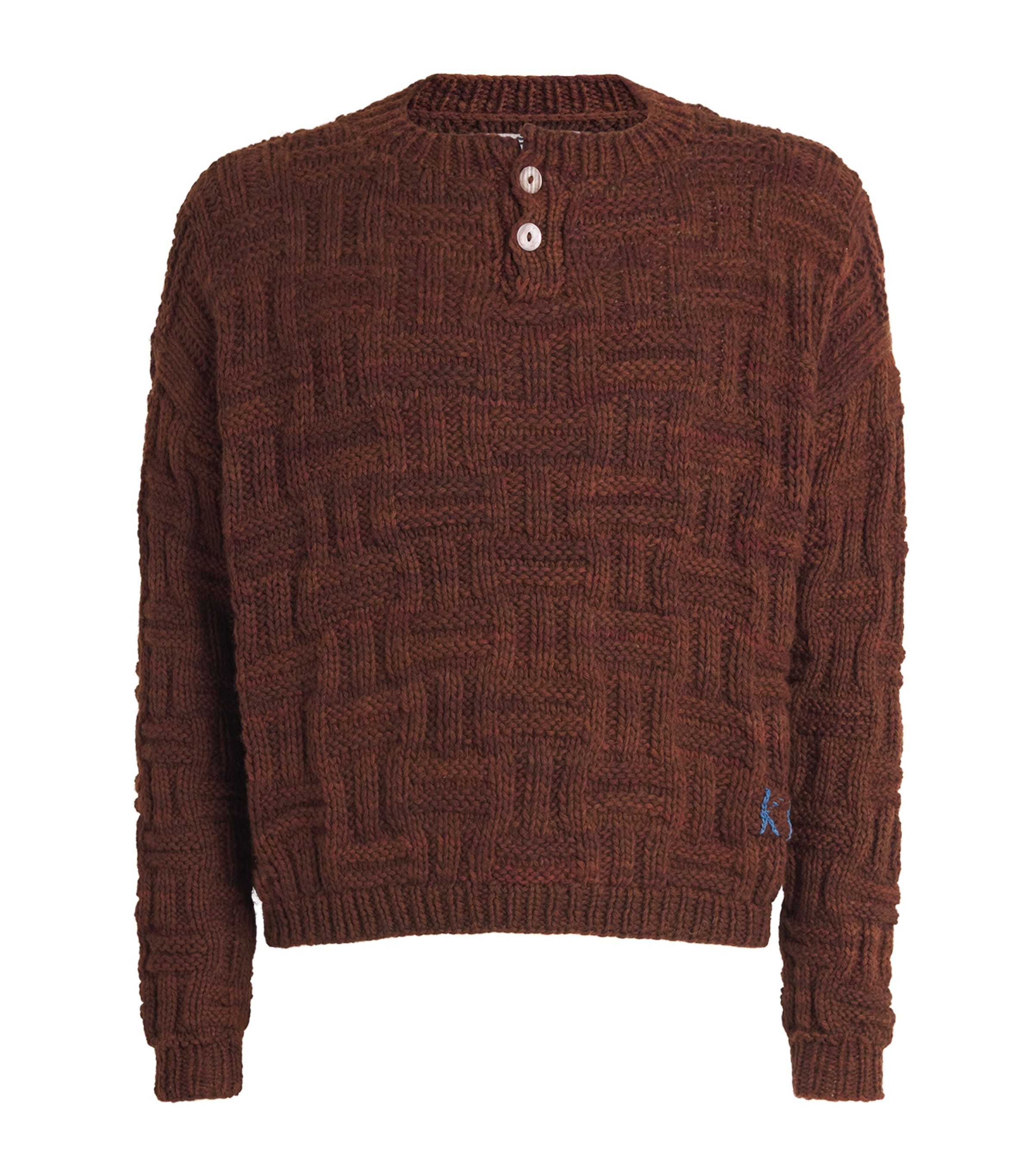 Kartik Research Mens Wool Woven Henley Sweater Brown/blue Image 1