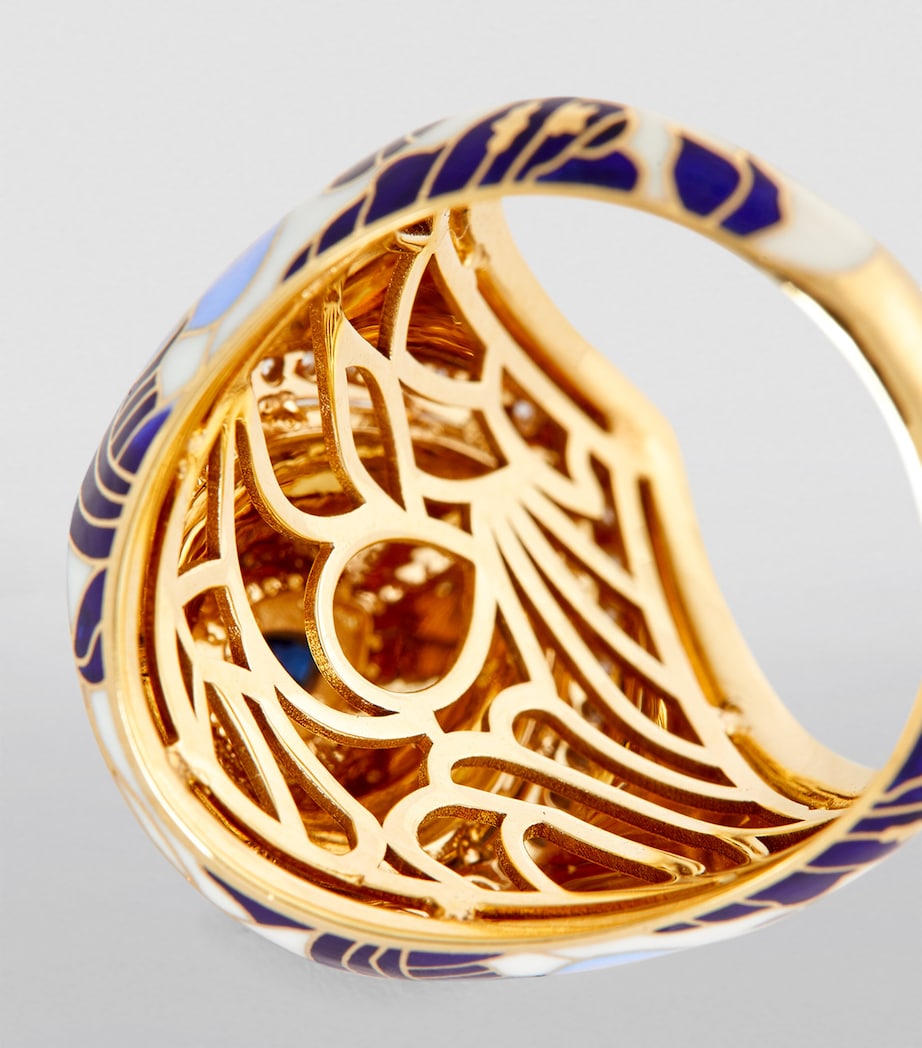 Yellow Gold and Diamond Chinoiserie Bond Ring BLUE WHITE Image 5
