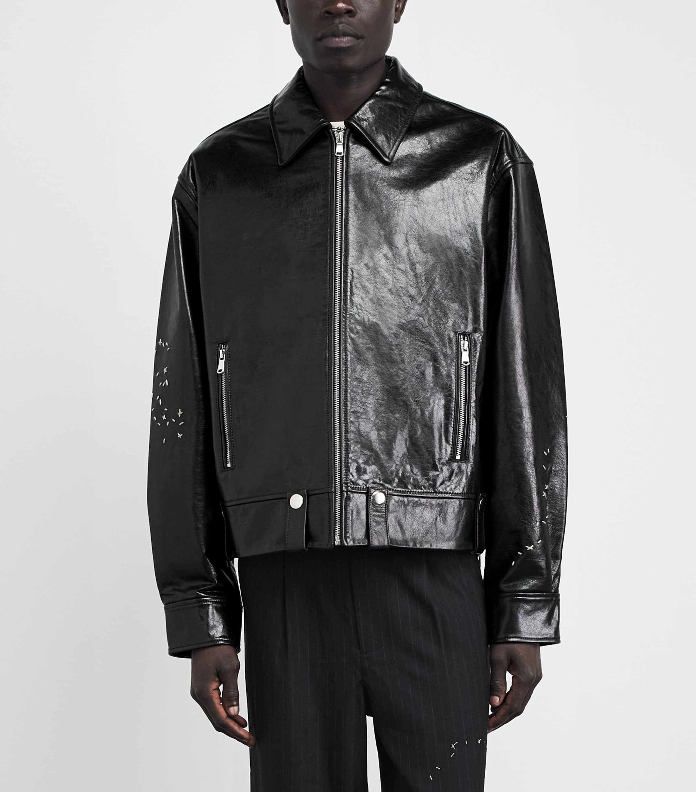 DOMREBEL Mens Embroidered Contrarian Leather Jacket Black Image 4