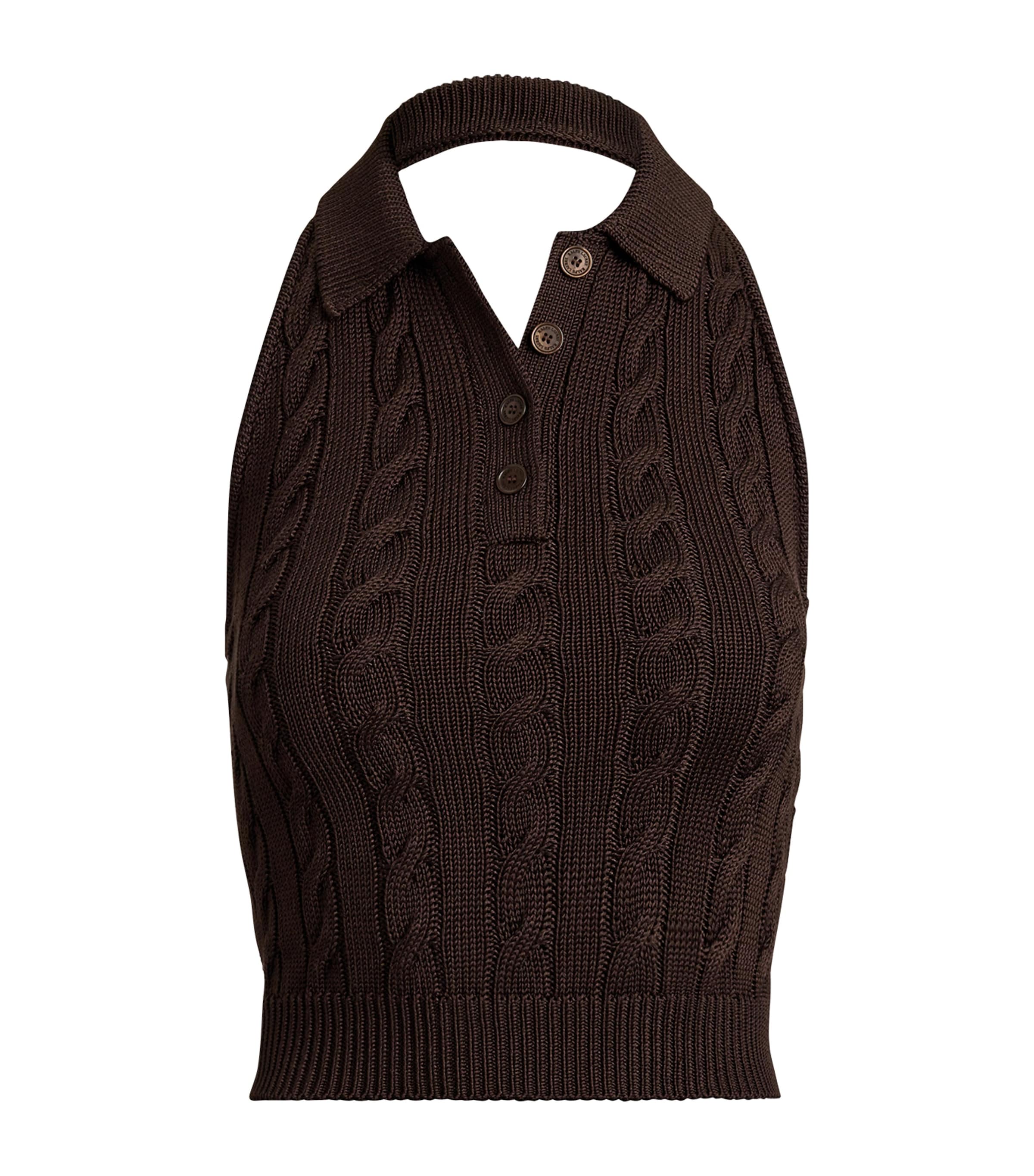 Ralph Lauren Collection Womens Silk-Blend Cable-Knit Halterneck Polo Sweater Sycamore Image 1