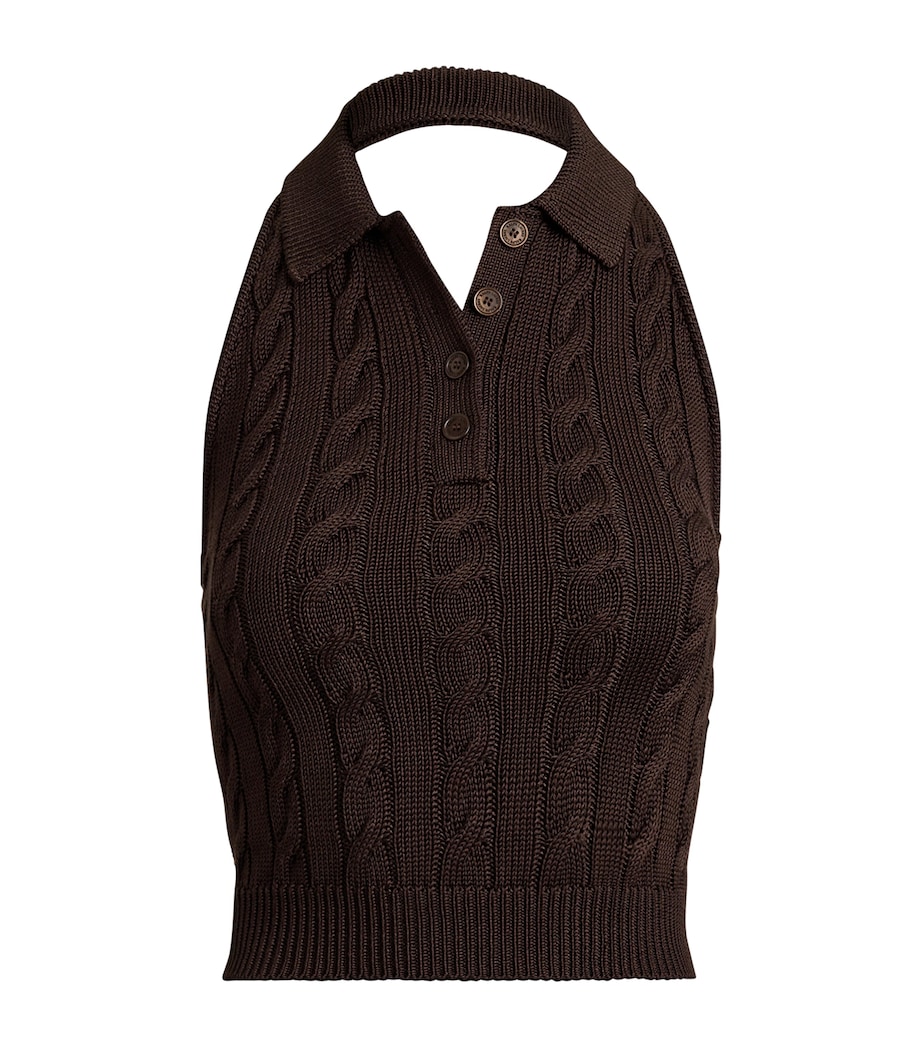 Ralph Lauren Collection Womens Silk-Blend Cable-Knit Halterneck Polo Sweater Sycamore Image 1