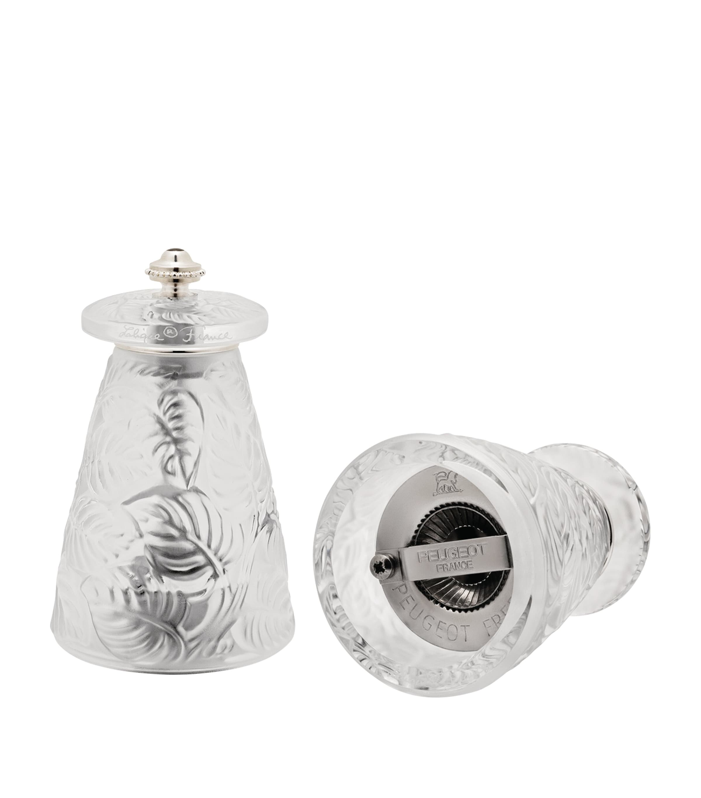 Lalique Feuilles Crystal Salt And Pepper Grinders In Metallic