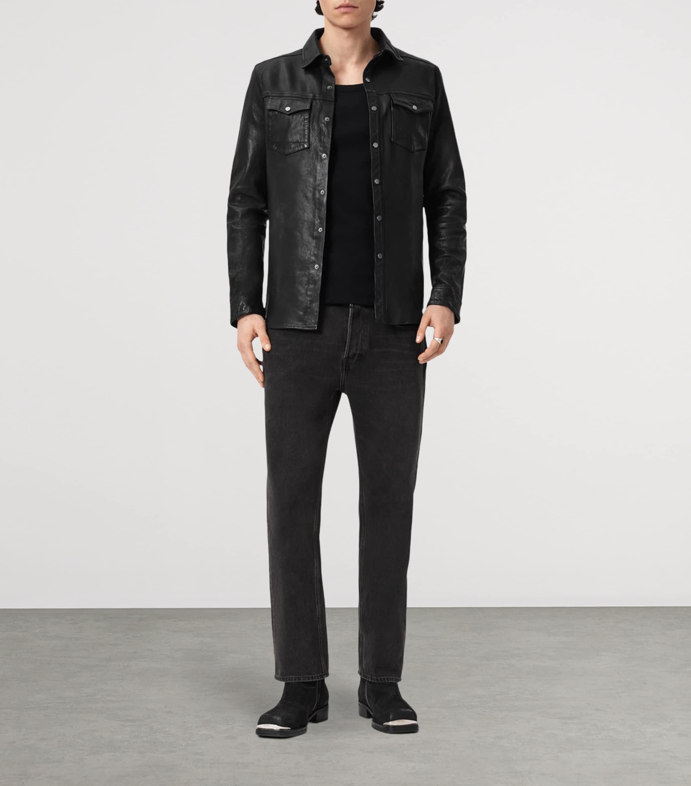 AllSaints Mens Leather Irwin Shirt Black Image 2