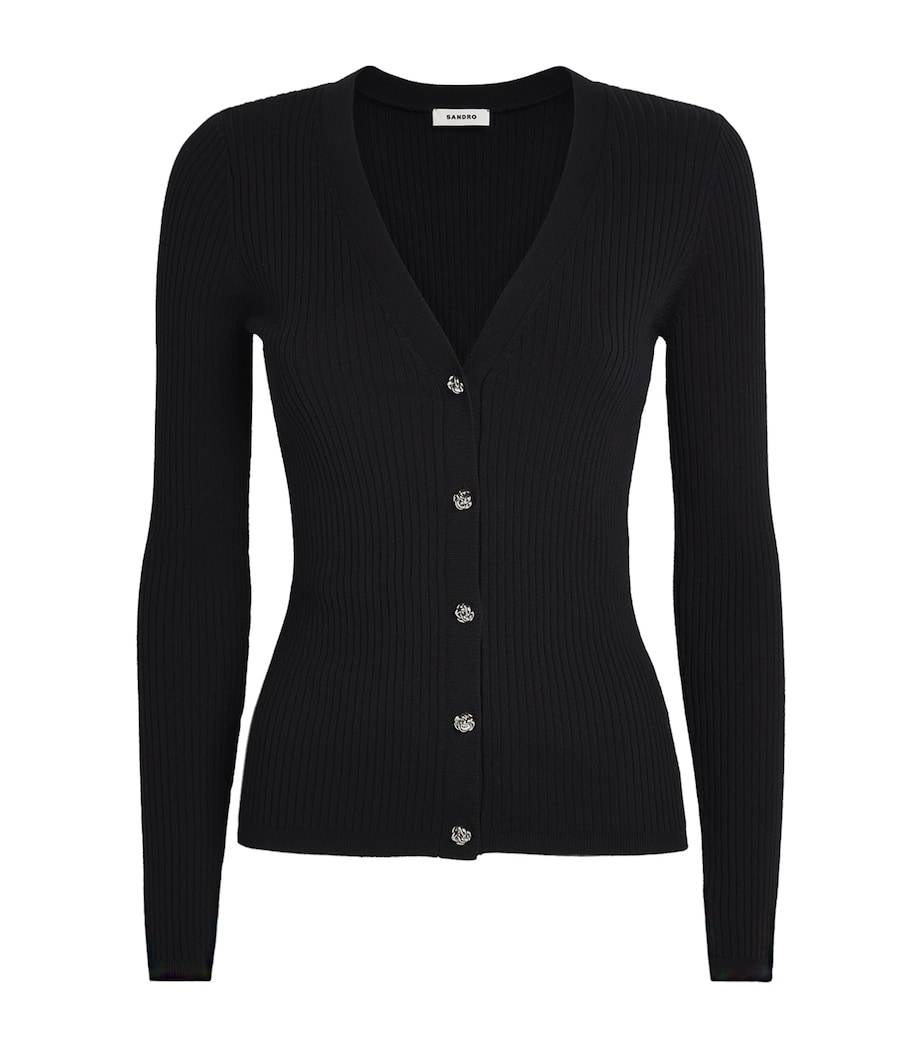 Rib-Knit V-Neck Cardigan BLACK Image 1