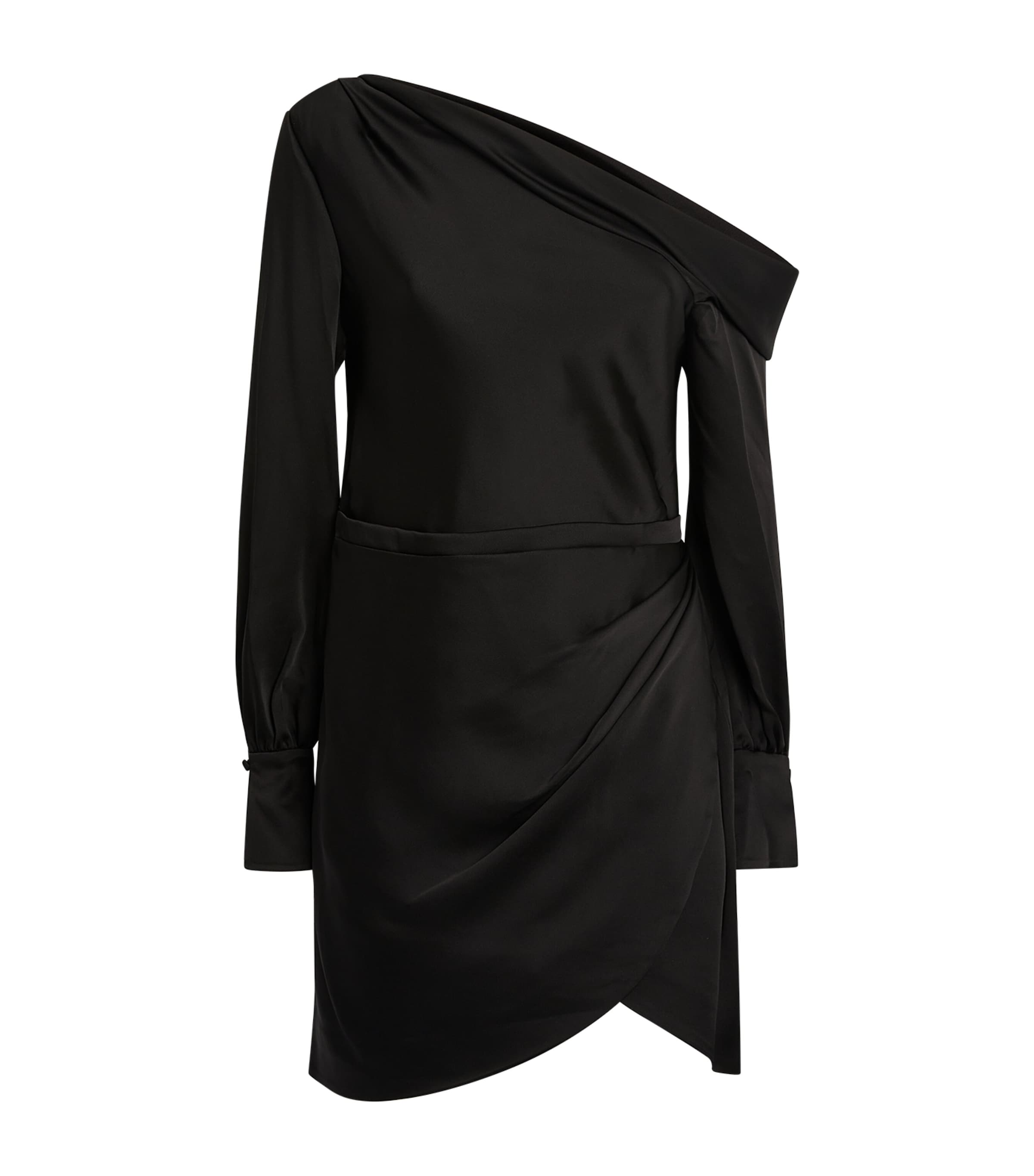 Simkhai Cameron One-shoulder Wrap-skirt Satin Mini Dress In Black